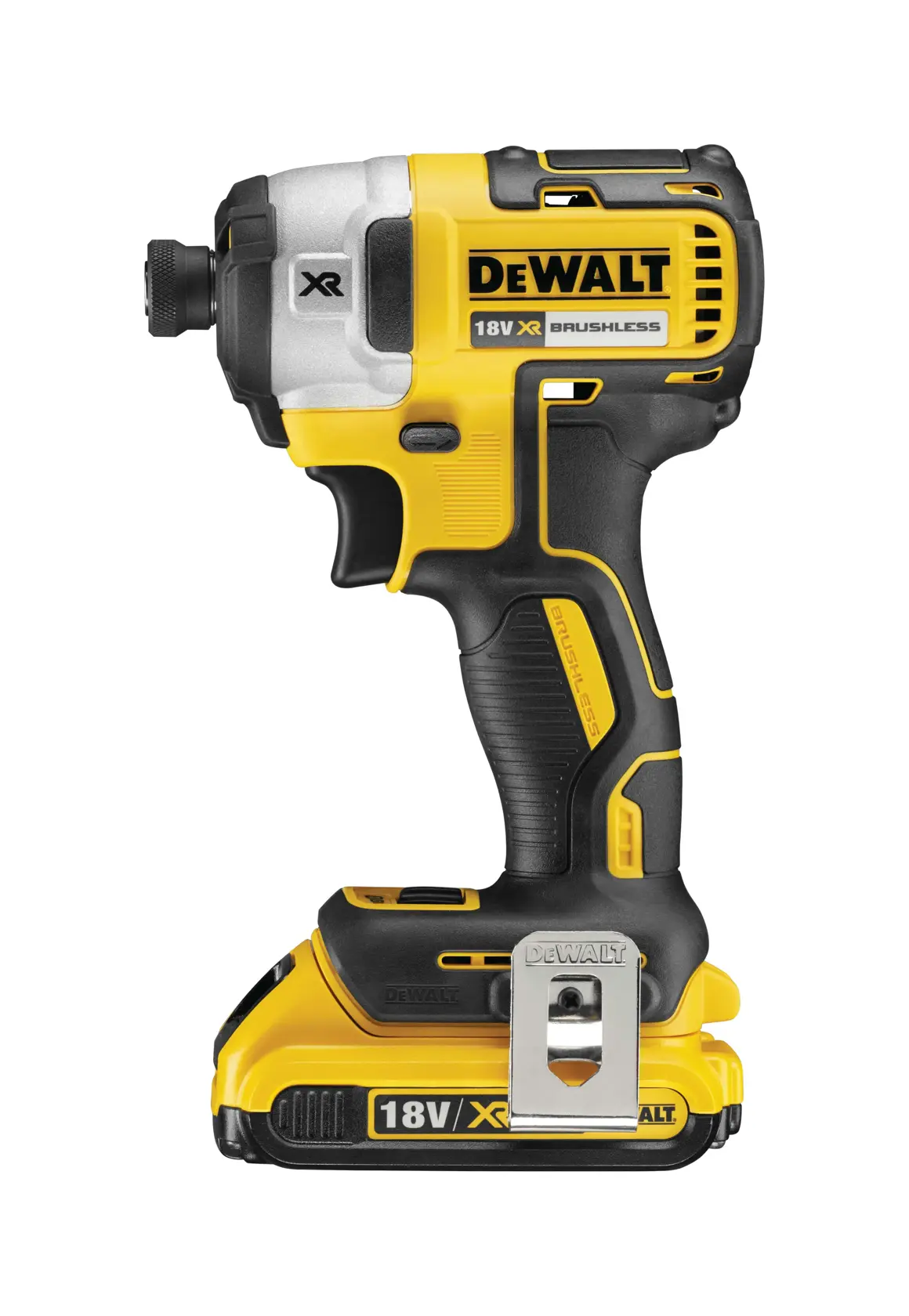 Avvitatore a impulsi DEWALT 18V XR brushless con impugnatura ergonomica e clip da cintura.