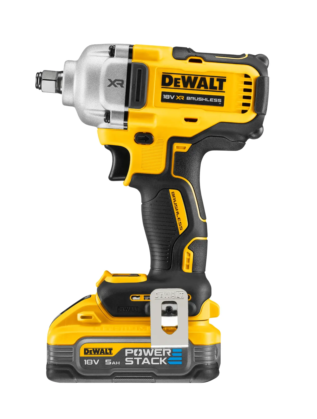Bezuhlíkový 1/2" rázový uťahovač s upevňovacím krúžkom a stredným uťahovacím momentom 18 V XR® DEWALT® - 2 x batéria POWERSTACK s kapacitou 5 Ah