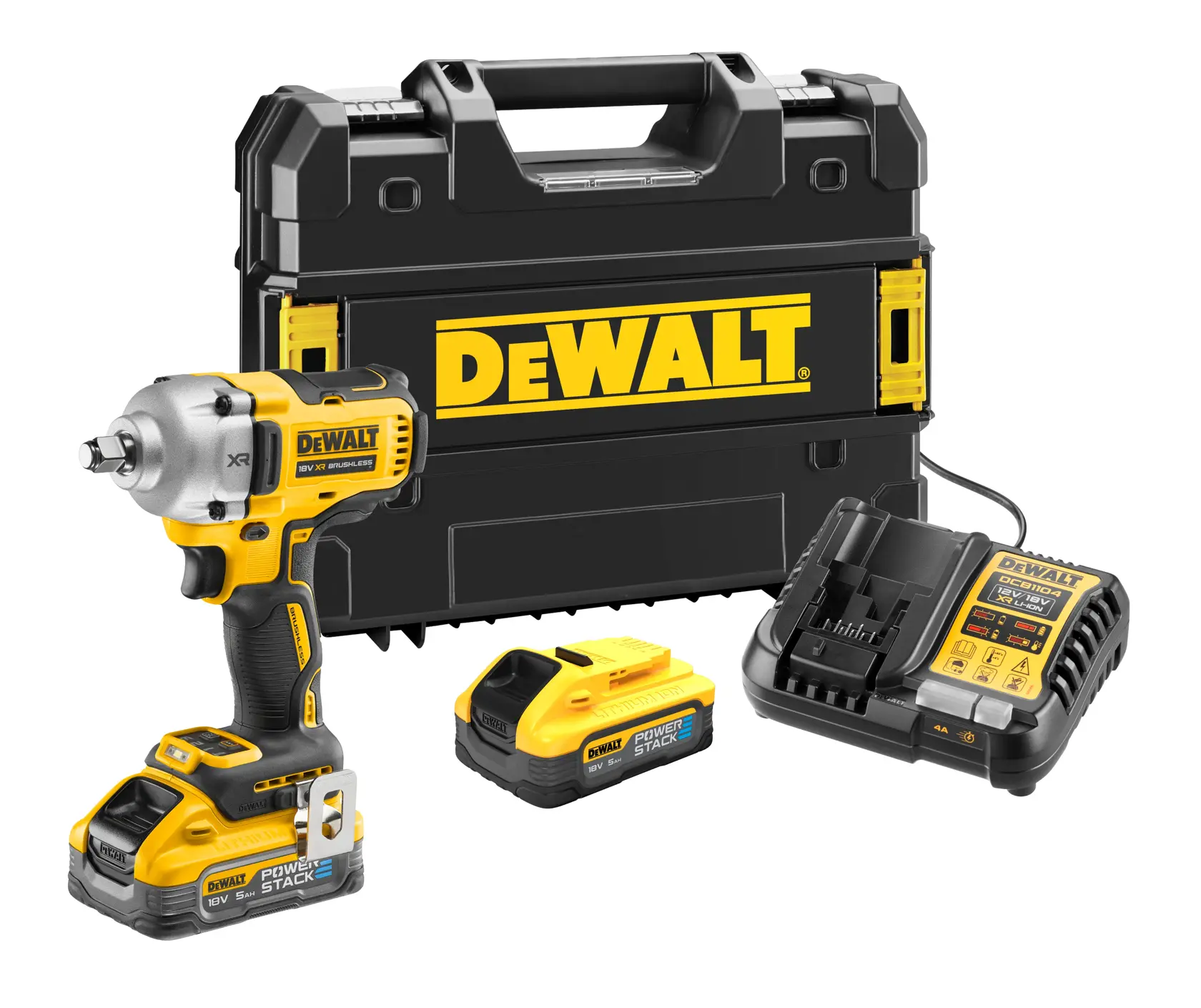 Bezuhlíkový 1/2" rázový uťahovač s upevňovacím krúžkom a stredným uťahovacím momentom 18 V XR® DEWALT® - 2 x batéria POWERSTACK s kapacitou 5 Ah