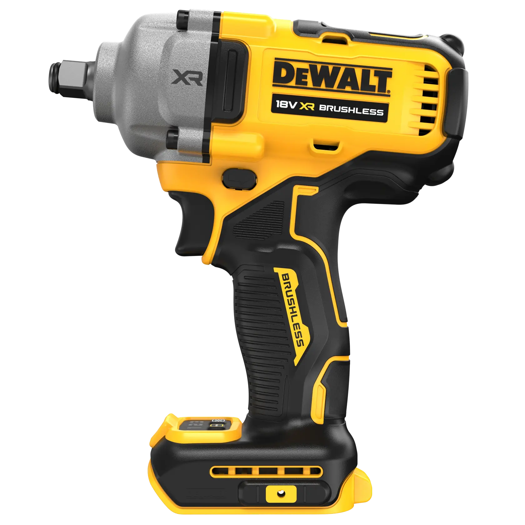 DEWALT 18V XR brushless cordless impact wrench in yellow and black shown on a white background.
