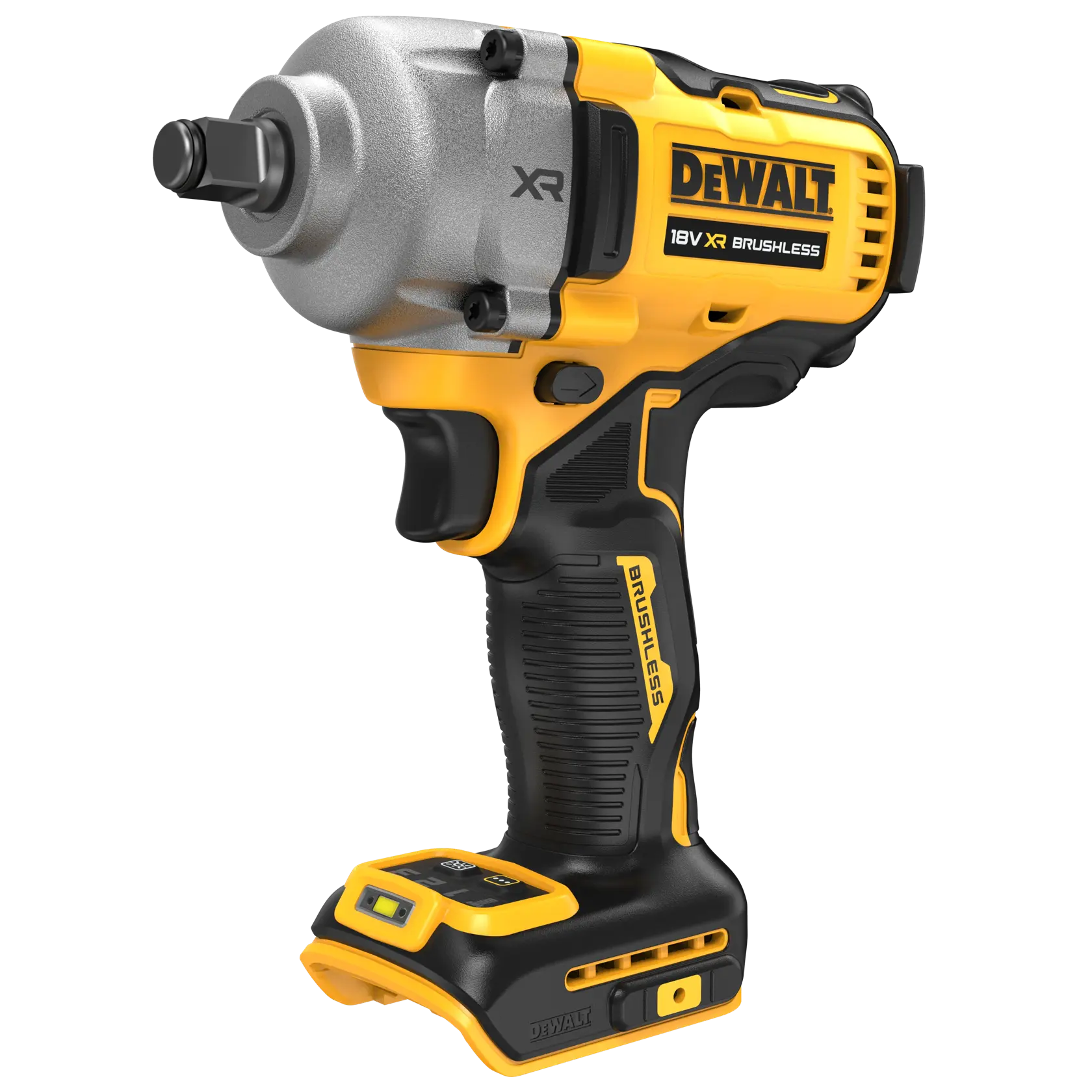 DEWALT 18V XR cordless brushless impact driver, yellow and black, close-up product photo without battery.