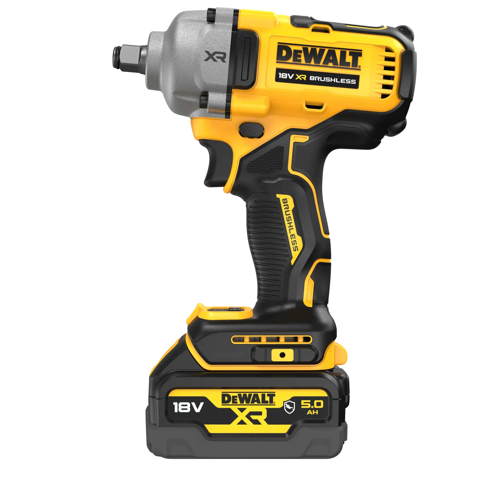 DEWALT 18V XR Brushless impact wrench with 5.0Ah battery, yellow and black, cordless power tool.