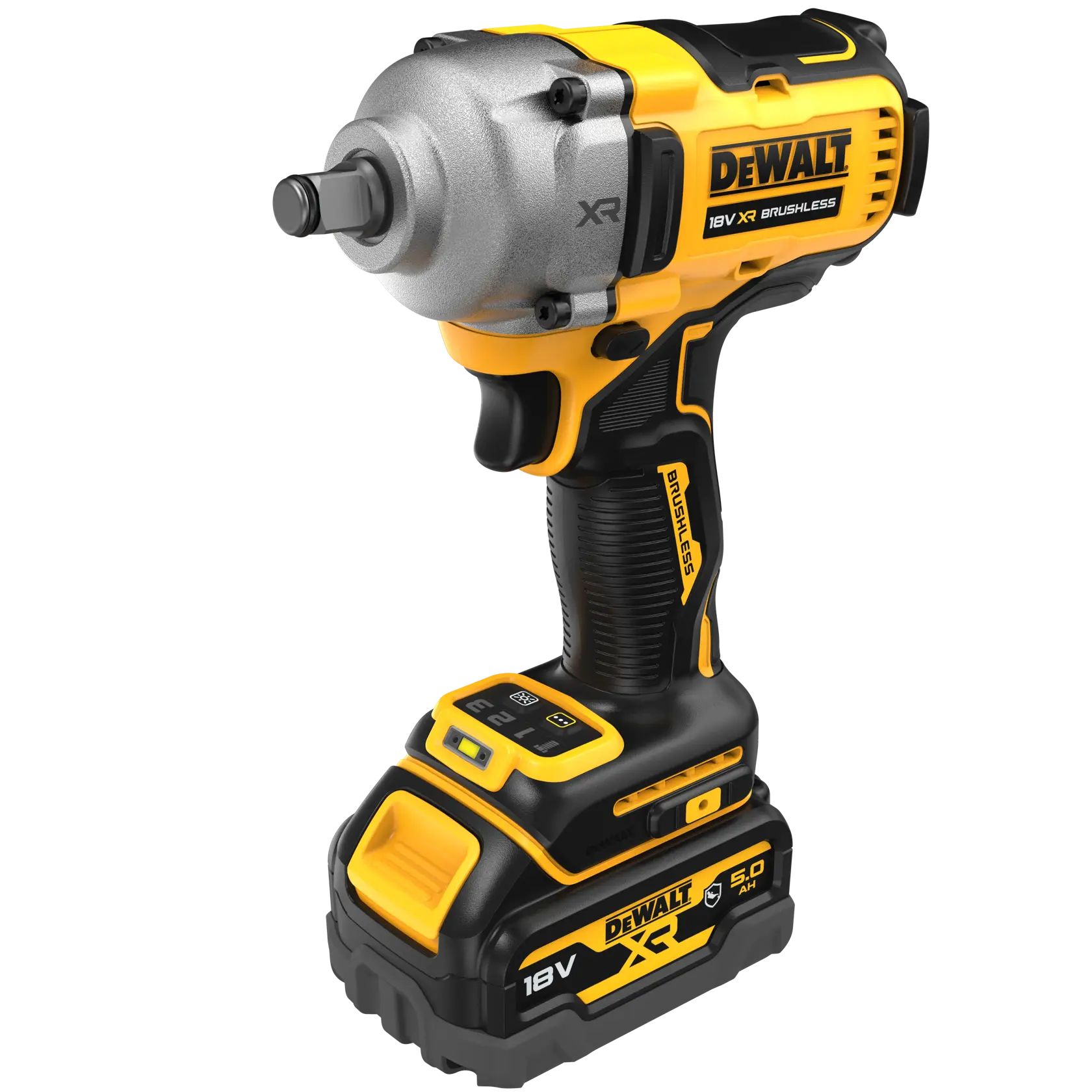 DEWALT 18V XR brushless cordless impact wrench with yellow and black design and battery pack.