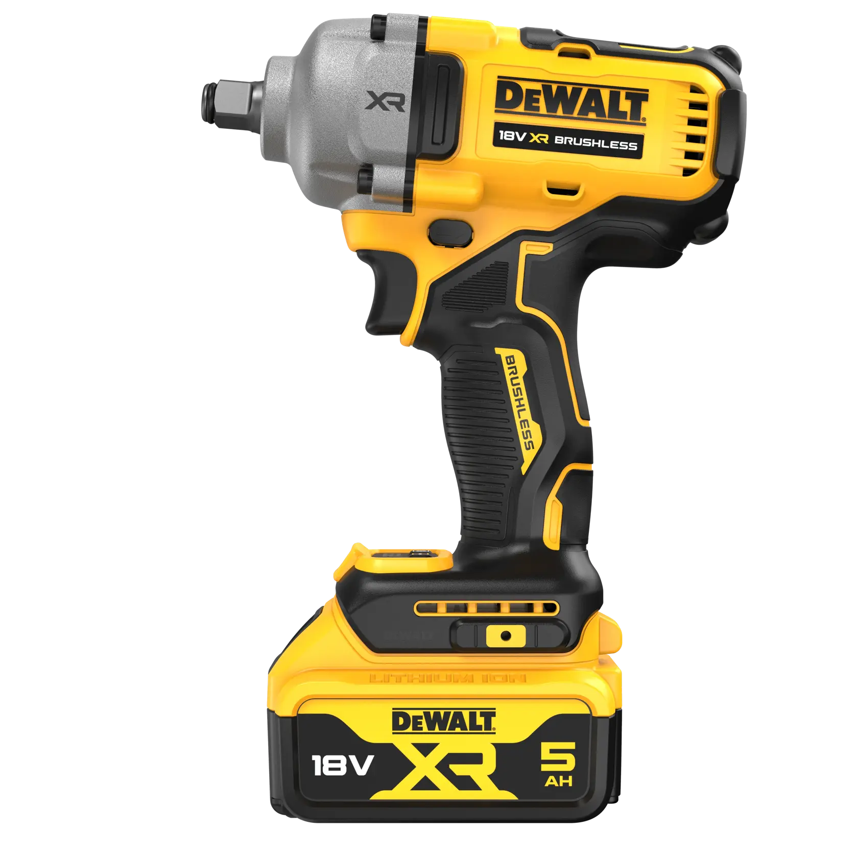 DEWALT 18V XR brushless impact wrench with 5Ah battery, yellow and black, product on white background.
