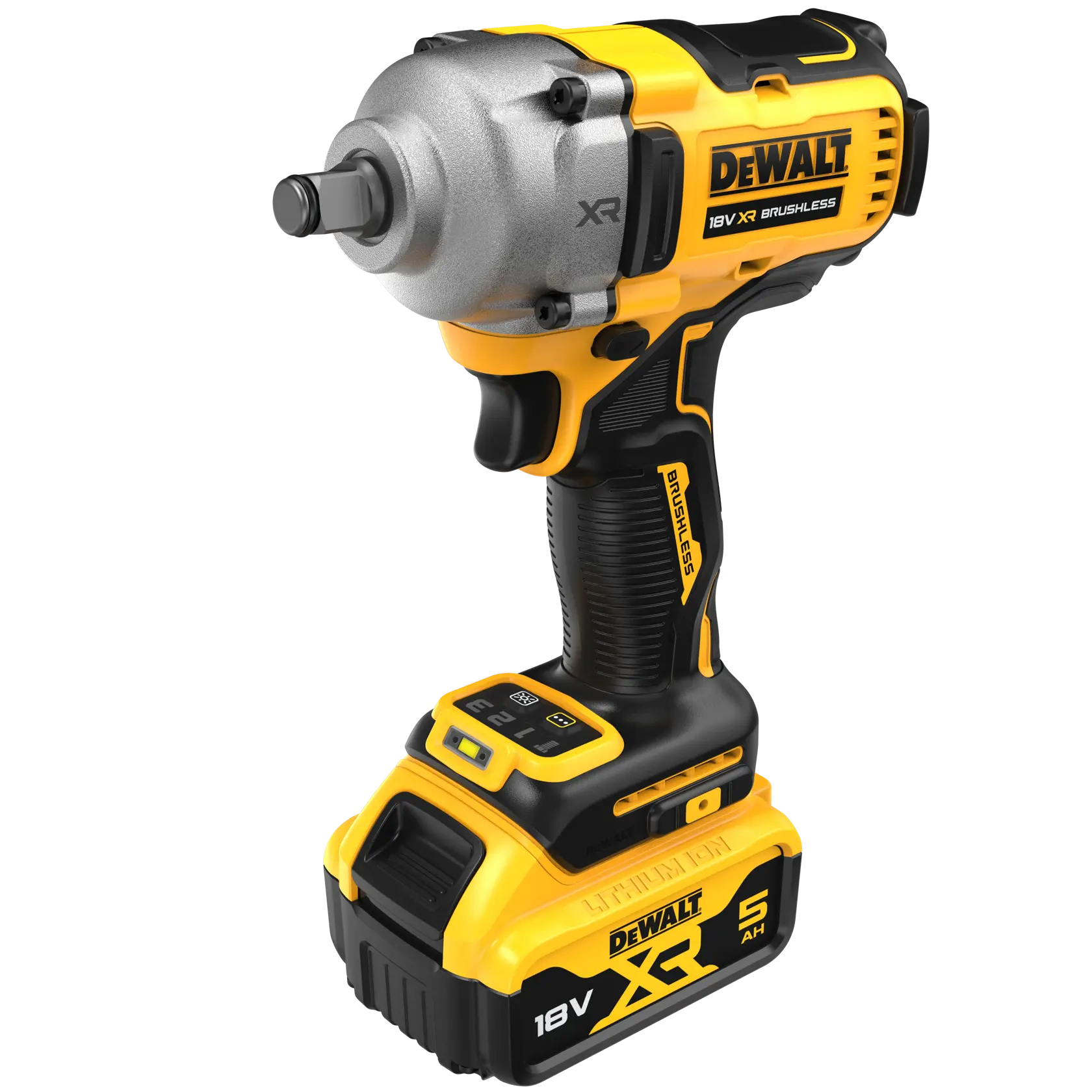 DEWALT 18V XR brushless cordless impact wrench with battery, in yellow and black.