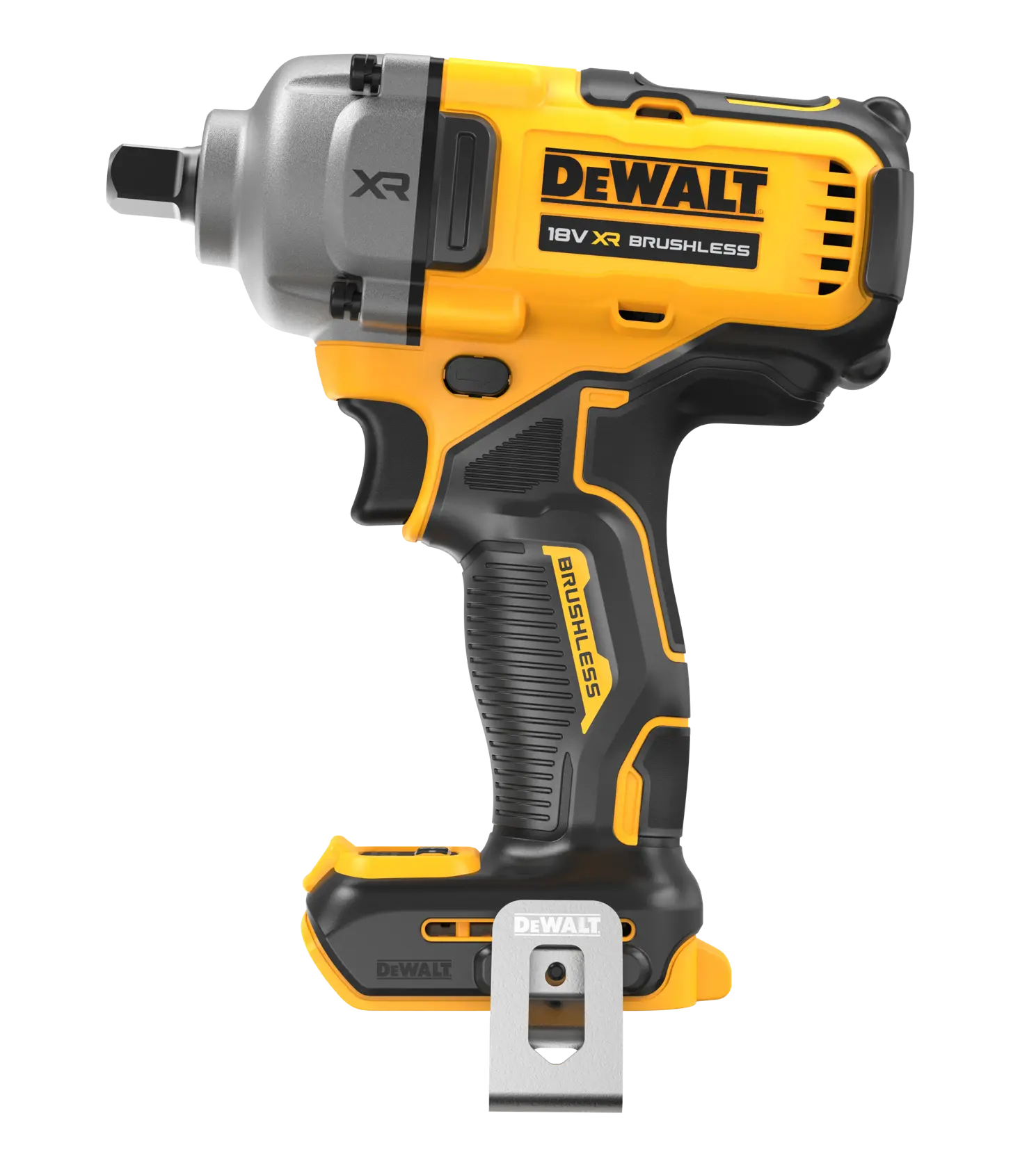 DEWALT 18V XR Brushless impact wrench, yellow and black, side view with belt clip.