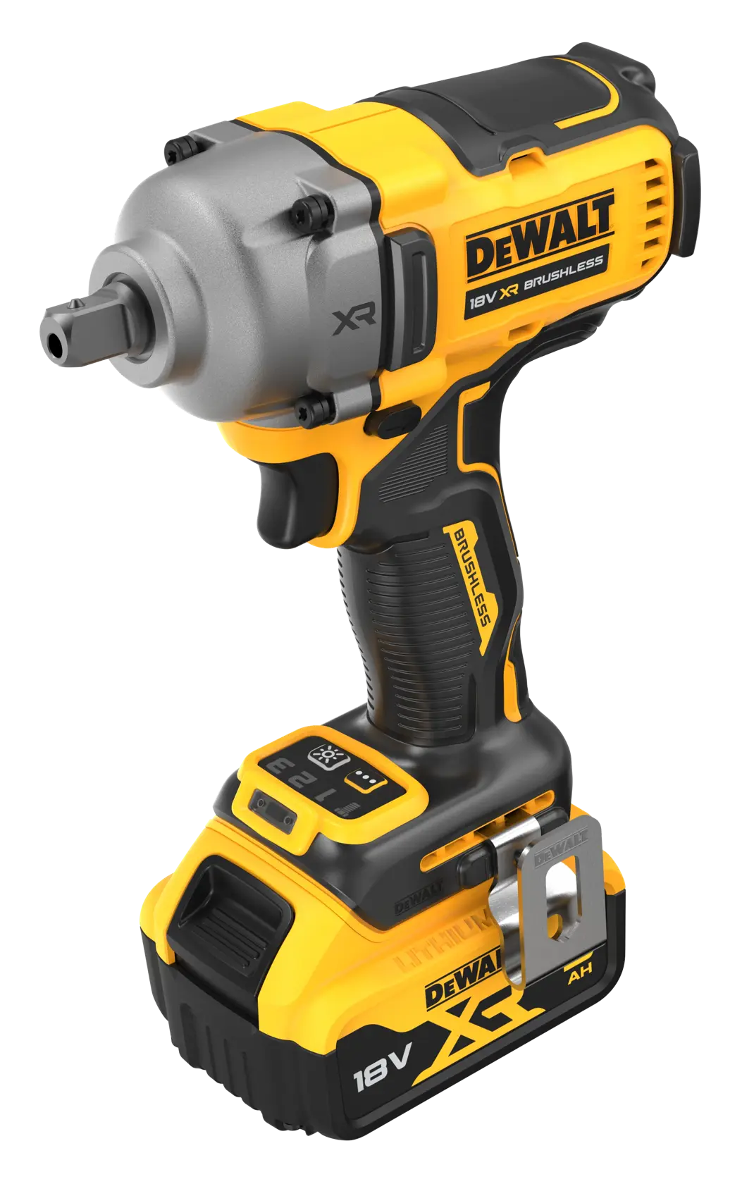DEWALT 18V XR cordless impact wrench with brushless motor, shown with battery and metal clip.