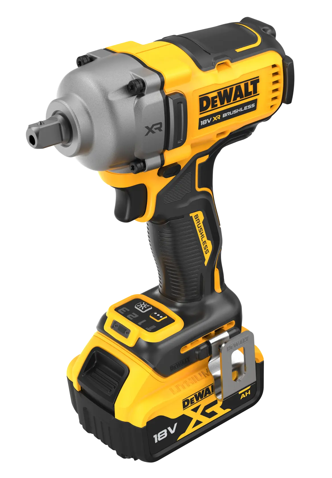 DEWALT 18V XR cordless impact wrench with brushless motor, yellow and black design, for heavy-duty use.