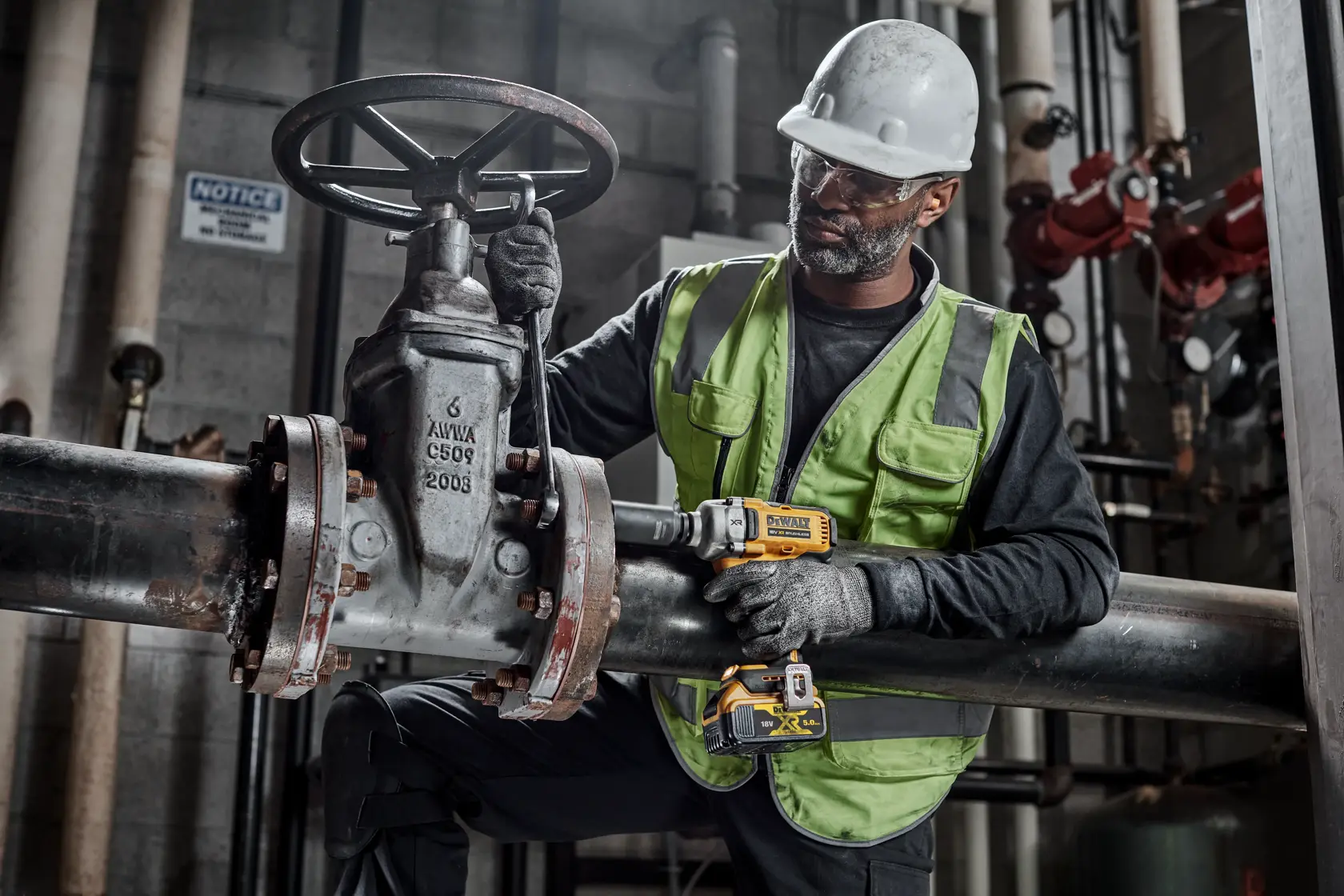 Worker uses DEWALT DCF892P2T impact wrench on industrial pipes, wearing safety gear and gloves.