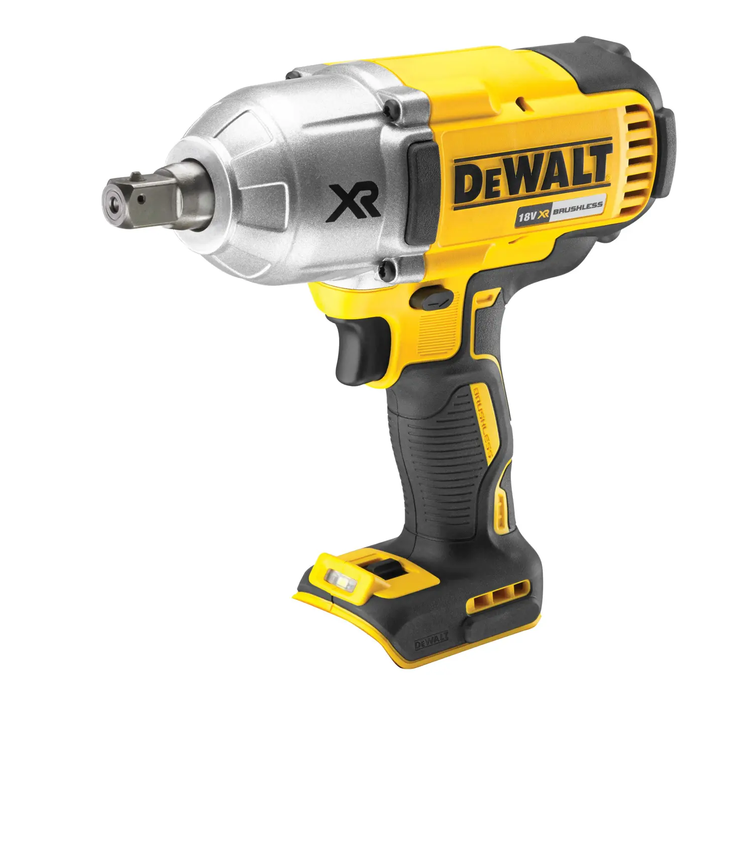 DEWALT DCF899N 18V cordless brushless impact wrench in yellow and black shown on white background.