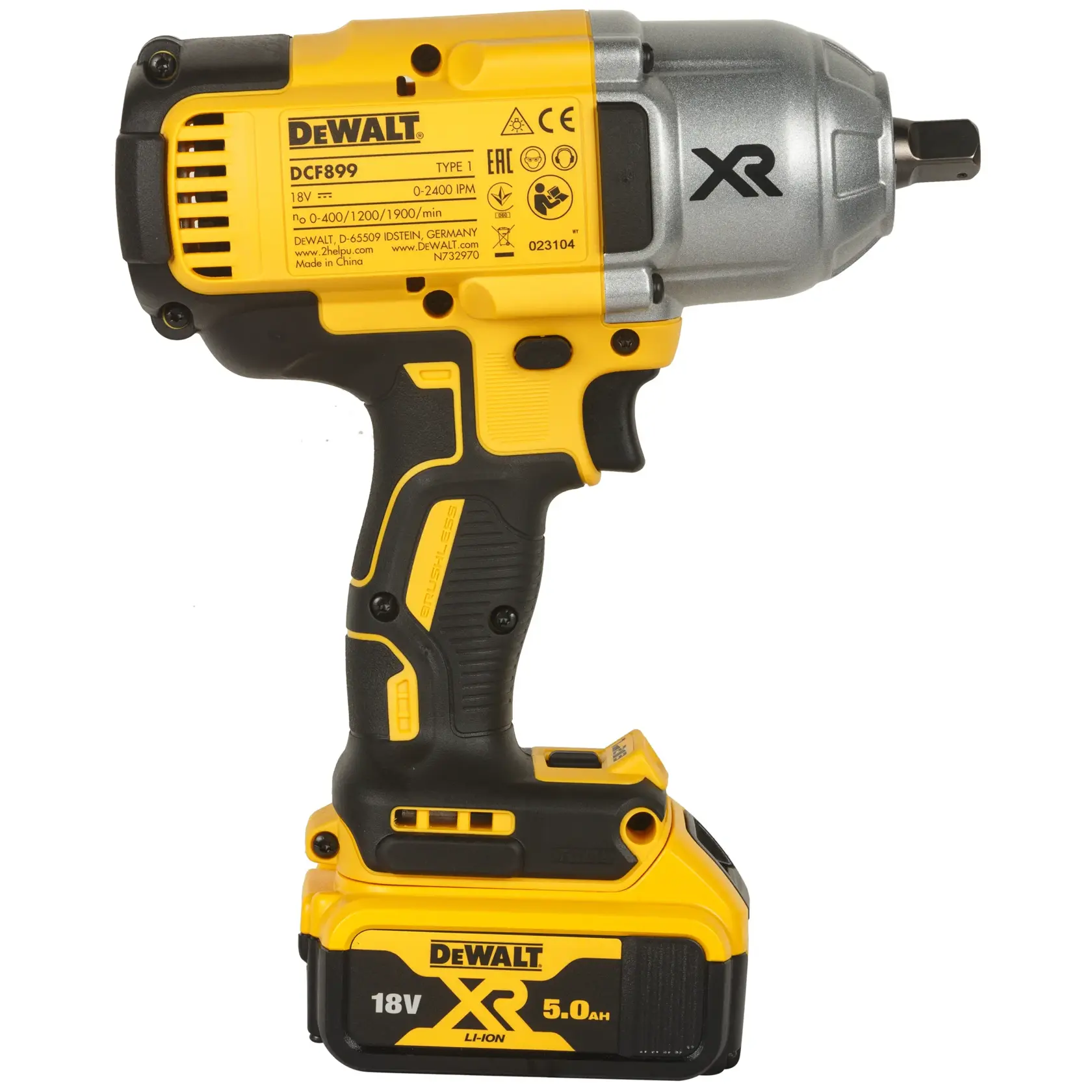 Avvitatore a impulsi Dewalt giallo senza fili con batteria 18V, modello DCF899P2-QW, mostrato in piedi.