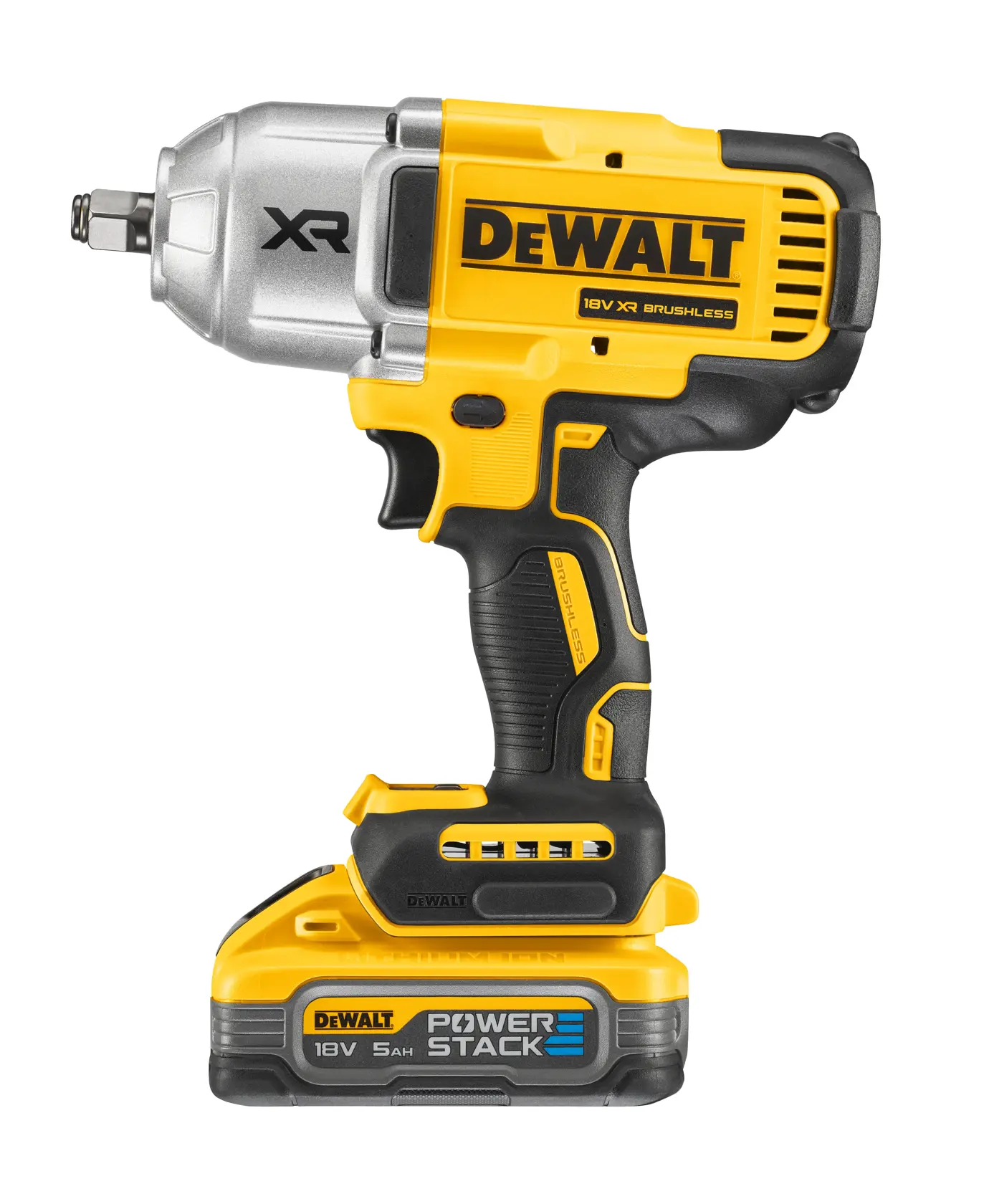 En DEWALT 18V XR trådløs slagskrutrekker med børsteløs motor og POWERSTACK 5Ah batteri, vist i gul og svart med sølvfarget metallfront.