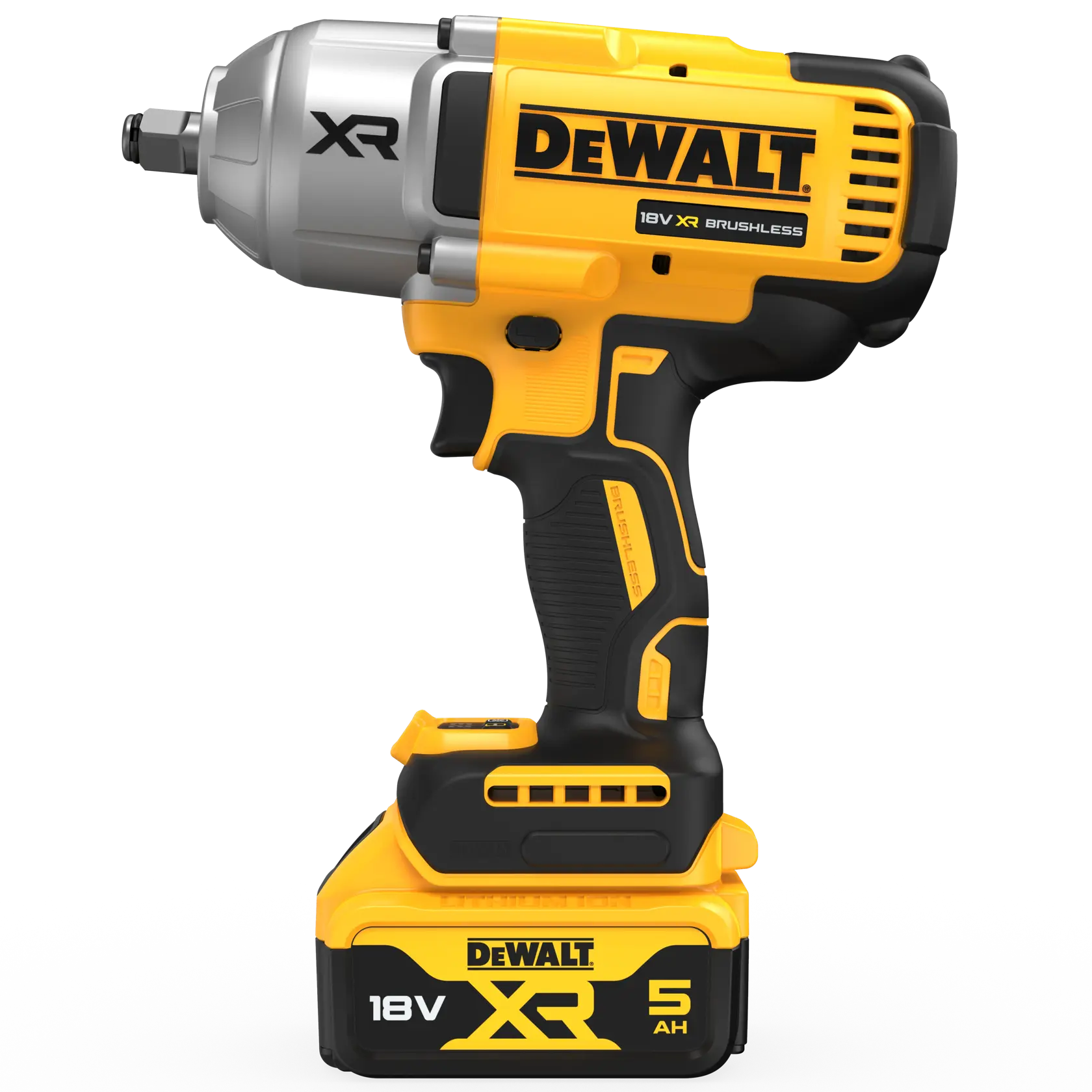 DEWALT 18V XR brushless impact wrench with 5Ah battery, yellow and black, side view on white.