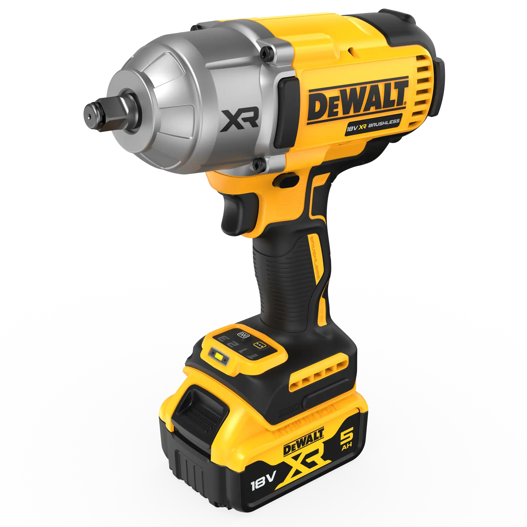 DEWALT 18V XR Brushless impact wrench with 5Ah battery pack, shown on a white background.