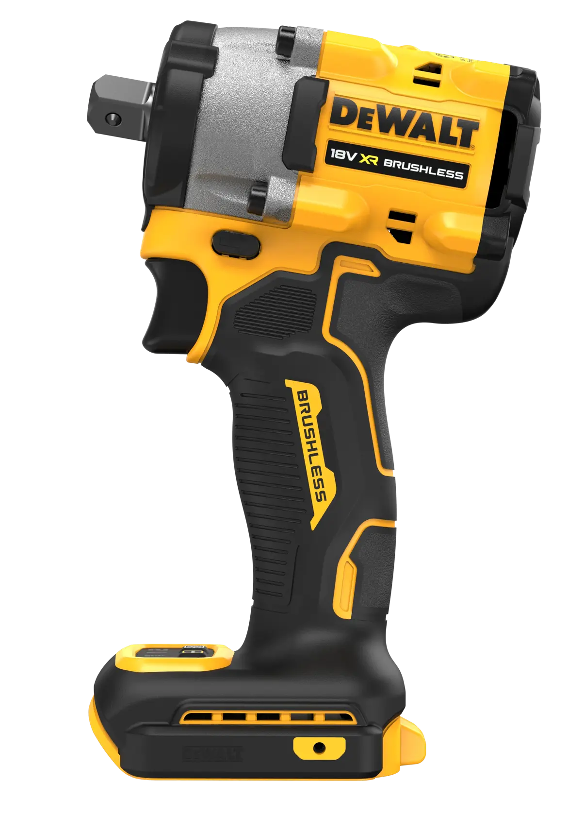 A DEWALT 18V XR brushless cordless impact wrench, shown in a side view. The tool is mainly black and yellow with visible branding and a textured handle for grip.