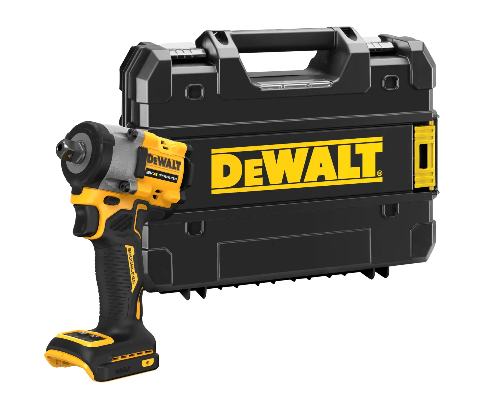 A DEWALT cordless impact wrench tool shown in front of a black DEWALT carrying case with yellow accents and the DEWALT logo.