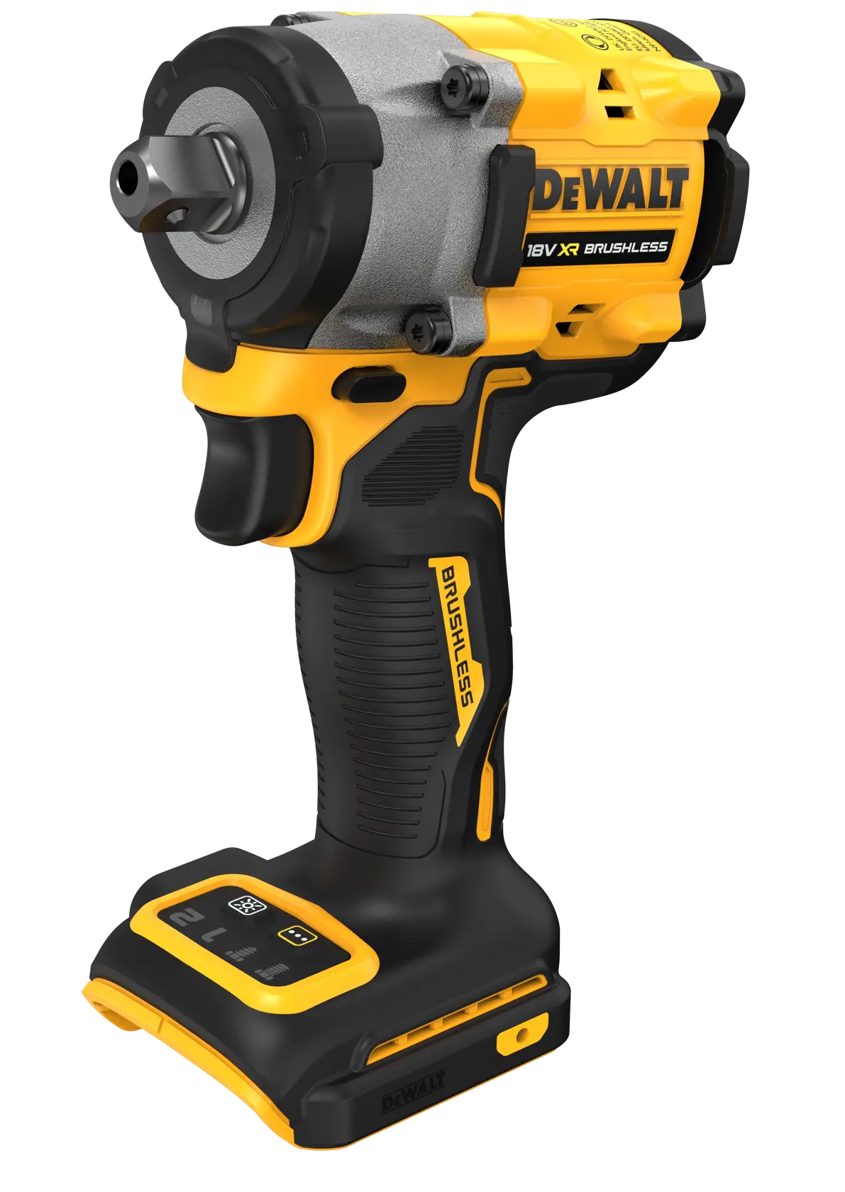 A DEWALT cordless impact wrench, 18V XR Brushless model DCF922N, is shown in a three-quarter view. The tool is yellow and black, features an ergonomic handle, and does not have a battery attached.