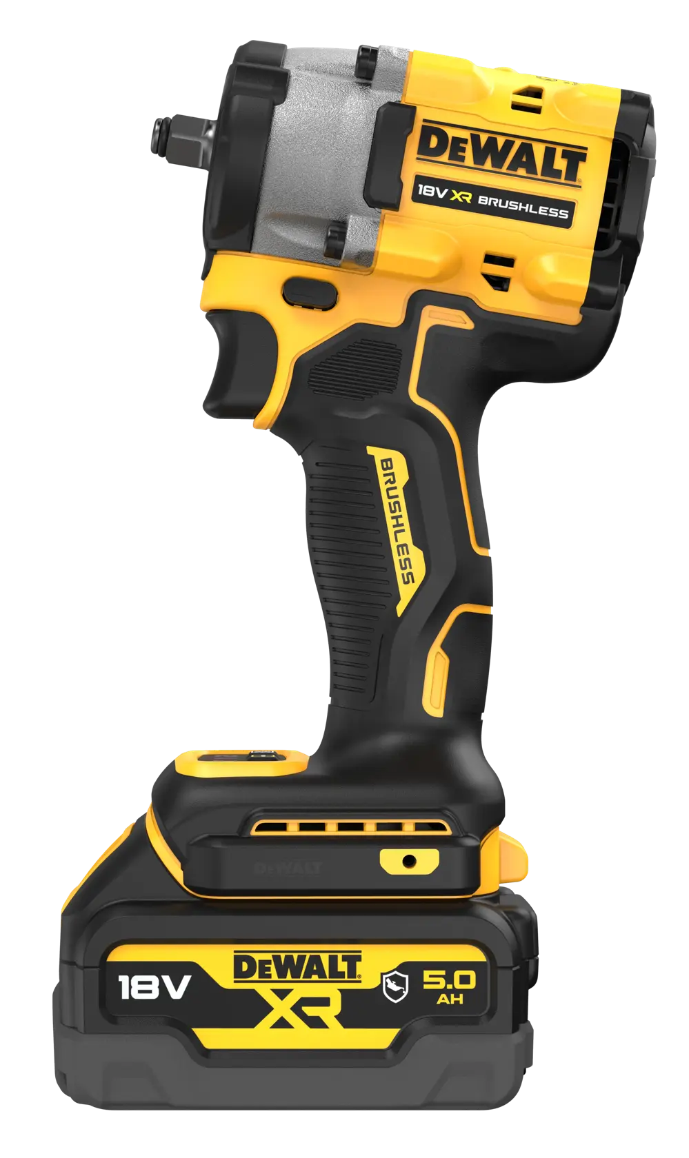 A DEWALT 18V XR brushless cordless impact wrench, featuring a black and yellow design with a 5.0 Ah battery.
