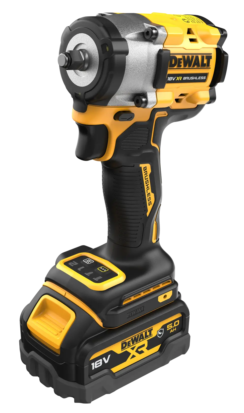DEWALT 18V XR brushless cordless impact wrench with ergonomic grip, yellow and black color, and 5.0 Ah battery attached.