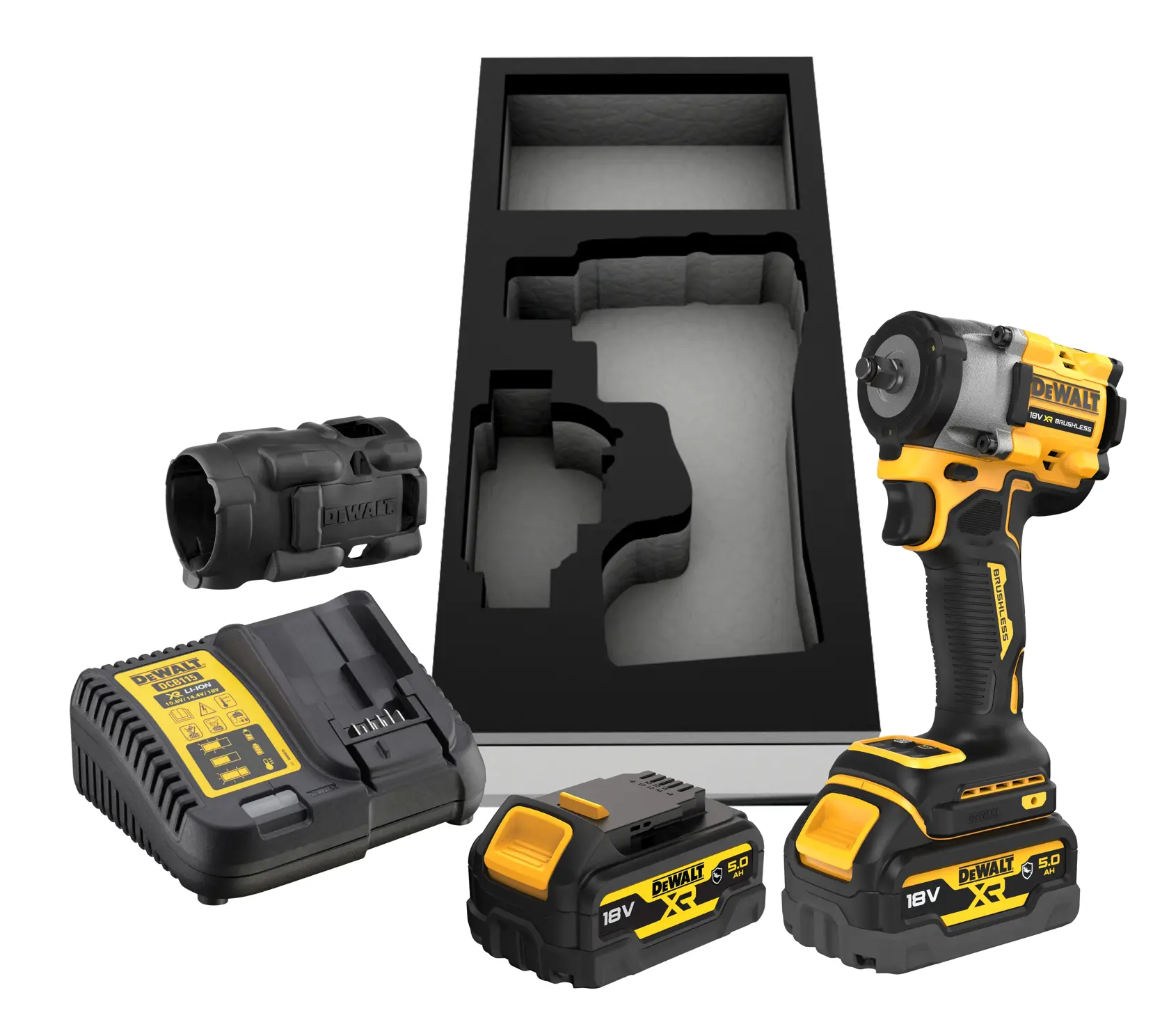 DEWALT 18V XR Brushless Impact Wrench Kit with two batteries, charger, protective cover, and molded carrying case insert displayed on a white background.