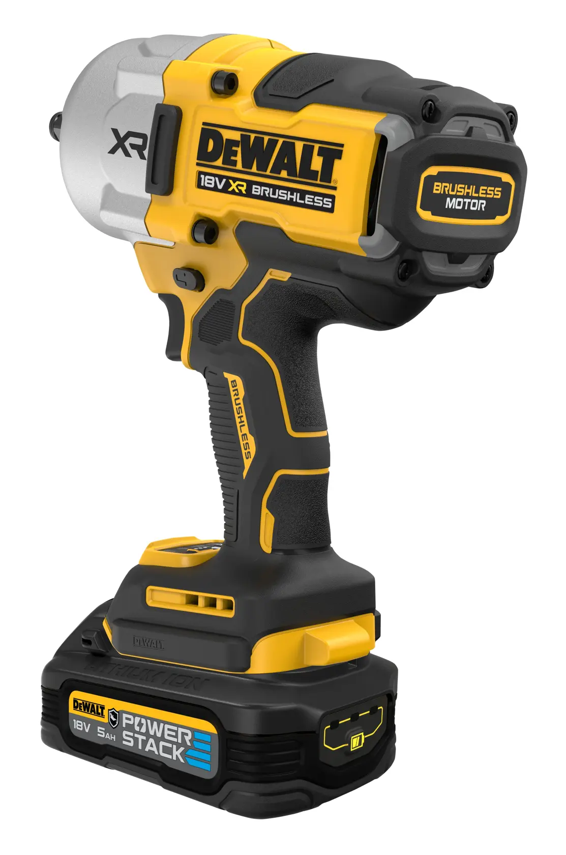DEWALT 18V XR brushless impact wrench with POWERSTACK battery, yellow and black design on white background.