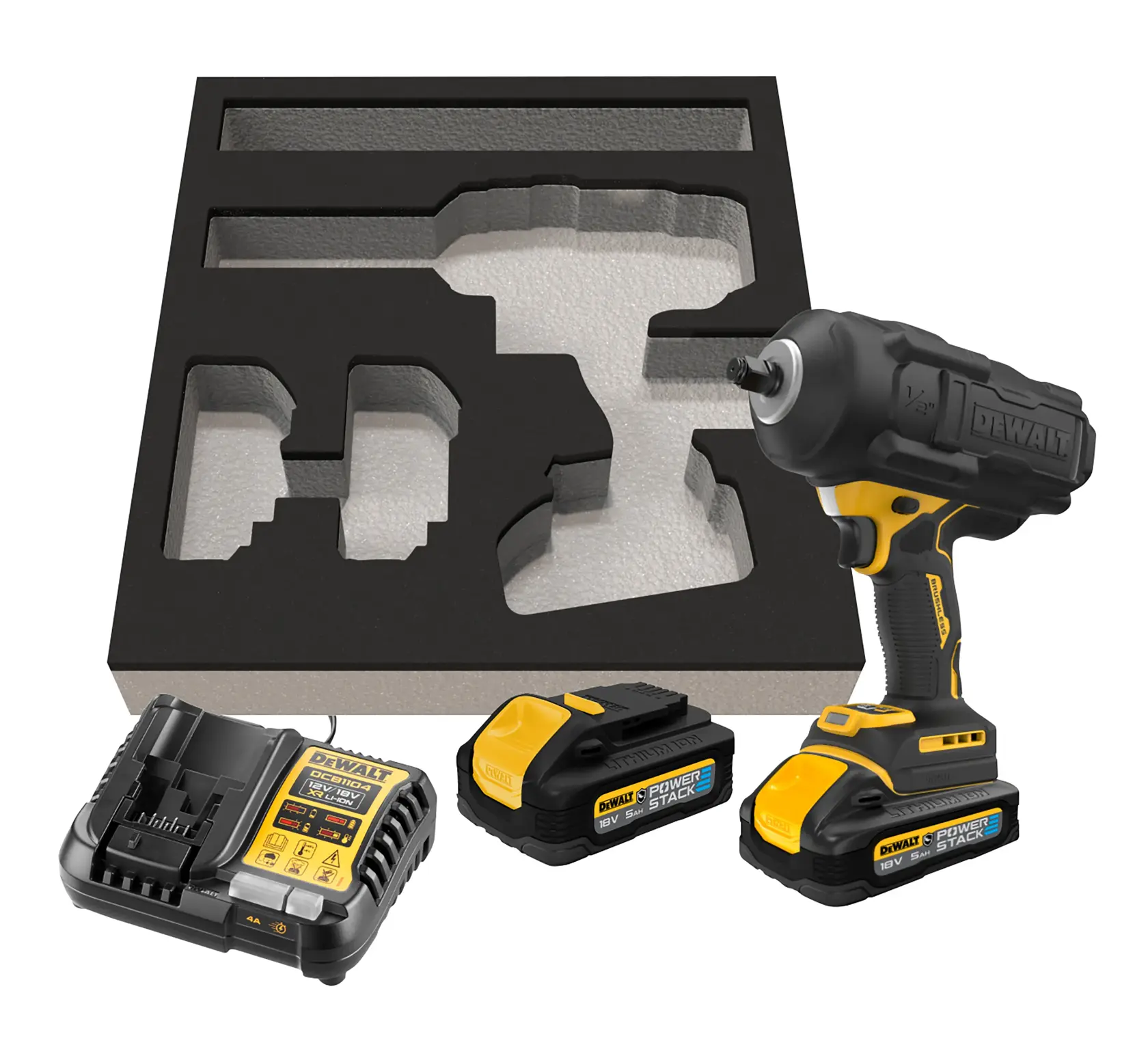 DEWALT impact wrench kit with two batteries, charger, and custom foam tray for storage.