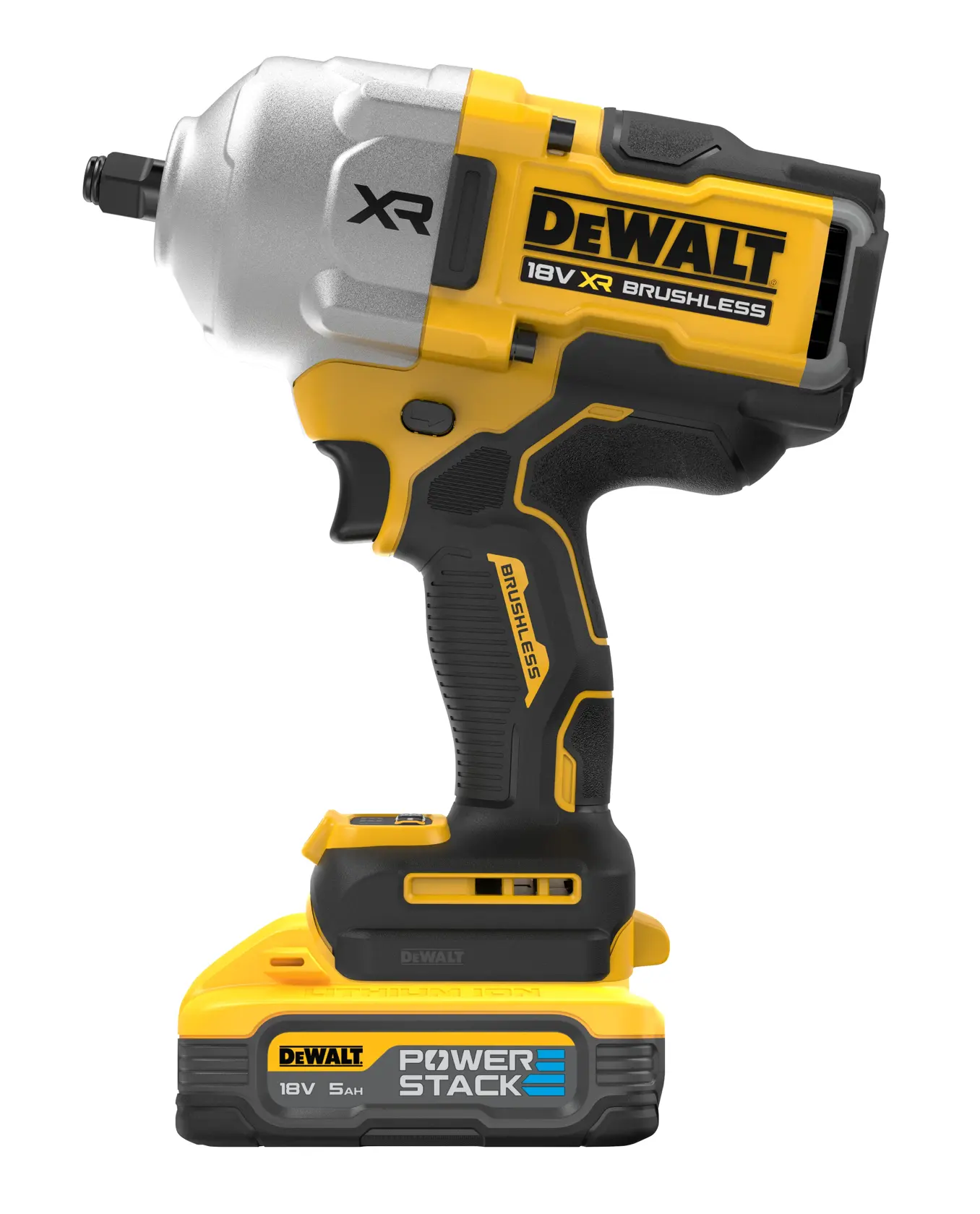 DEWALT 18V XR Brushless impact wrench with PowerStack battery, shown in yellow and black.