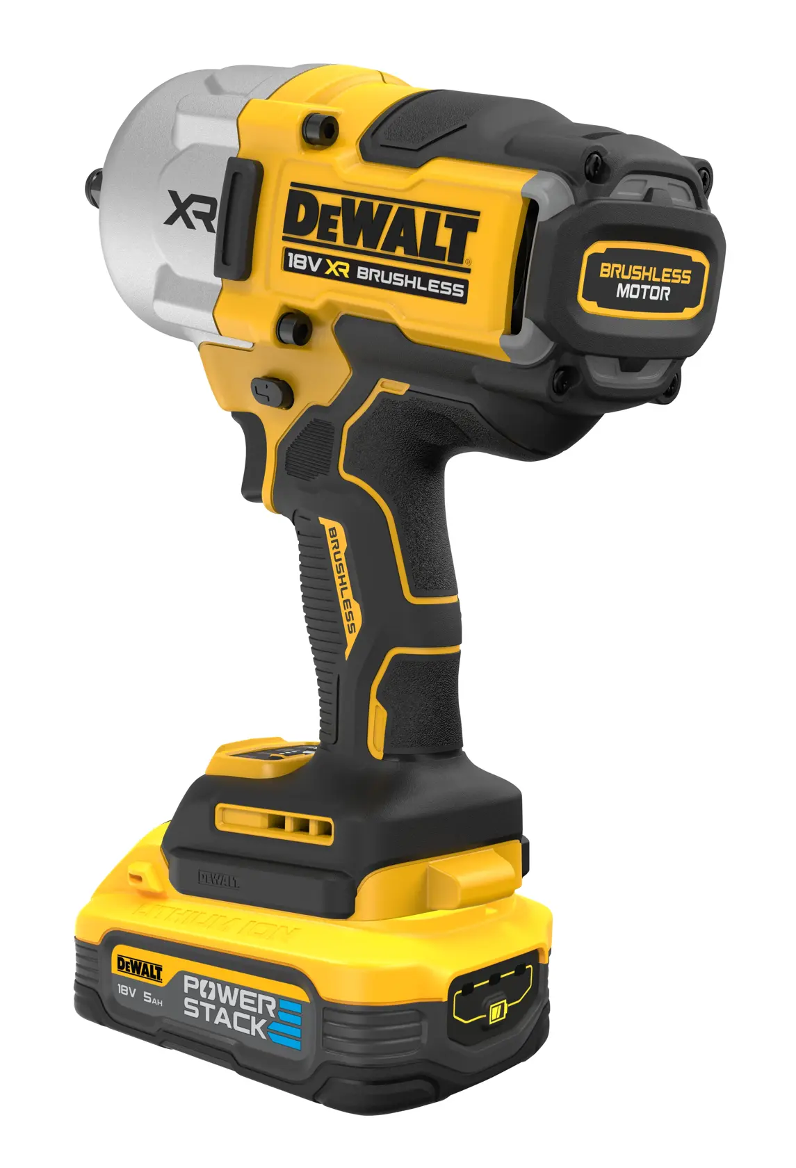 DEWALT 18V XR brushless cordless impact wrench with Powerstack battery, yellow and black design.