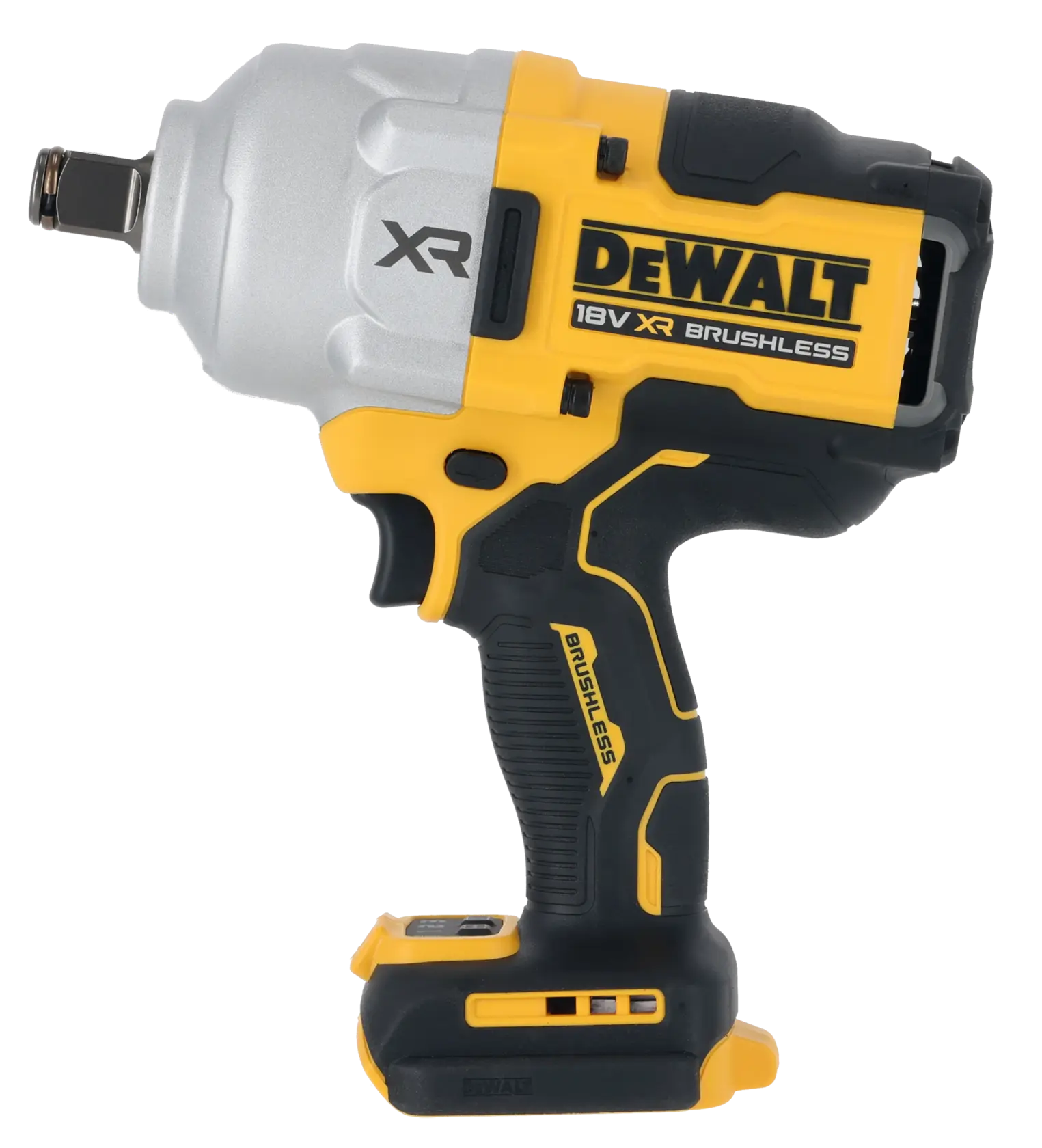 DEWALT 18V XR Brushless impact wrench, yellow and black, cordless power tool with ergonomic handle.