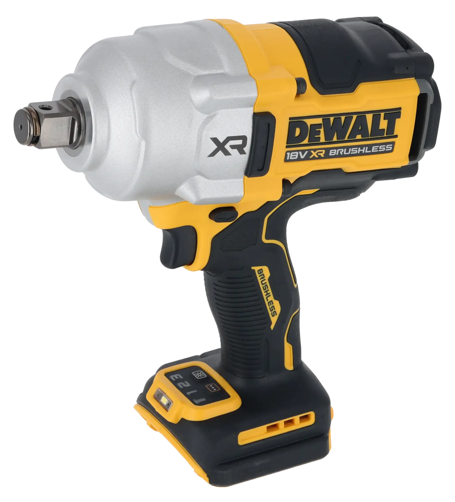 DEWALT 18V XR brushless cordless impact wrench, yellow and black, side view, no battery attached.