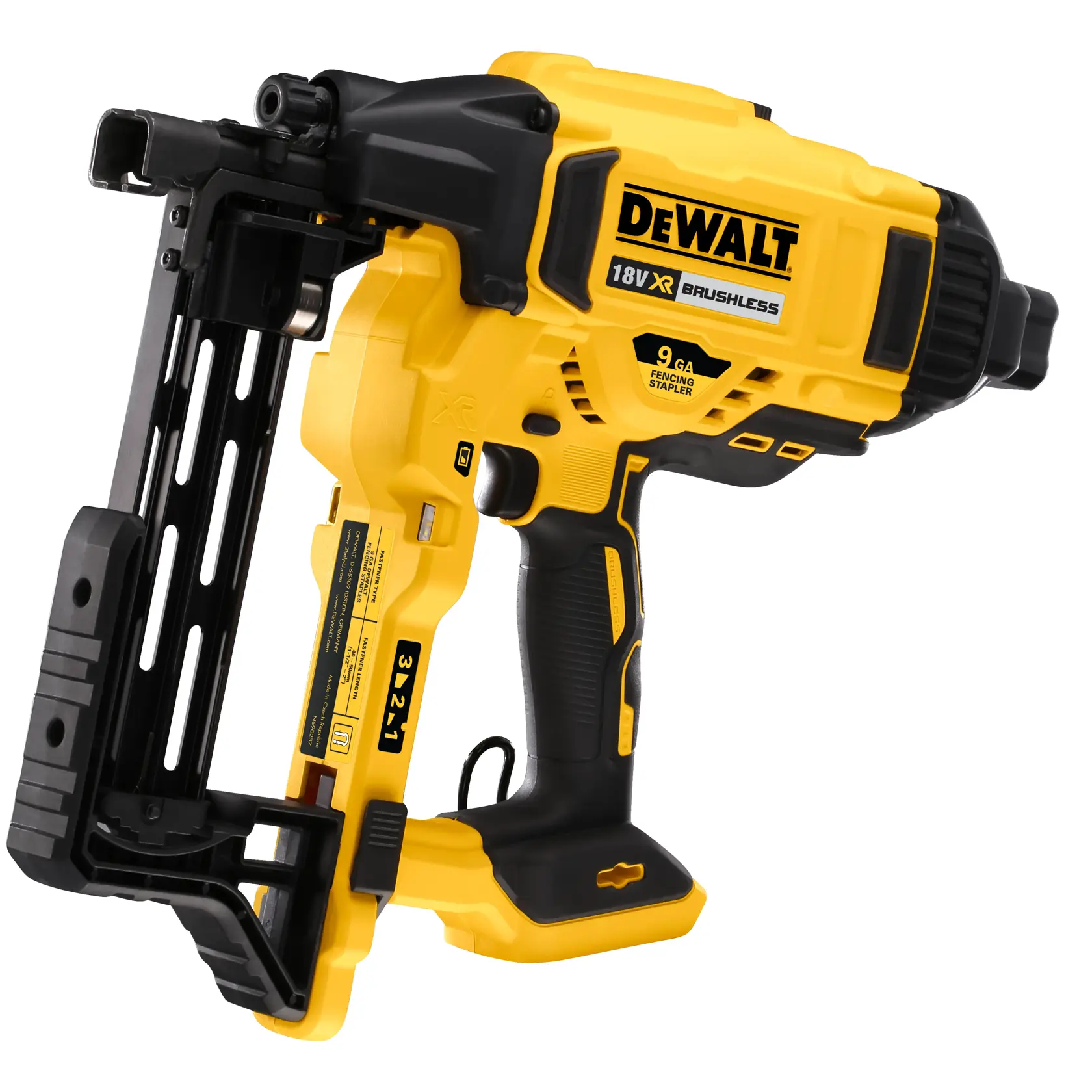 DEWALT 18V XR brushless fencing stapler for heavy-duty stapling, shown in yellow and black.