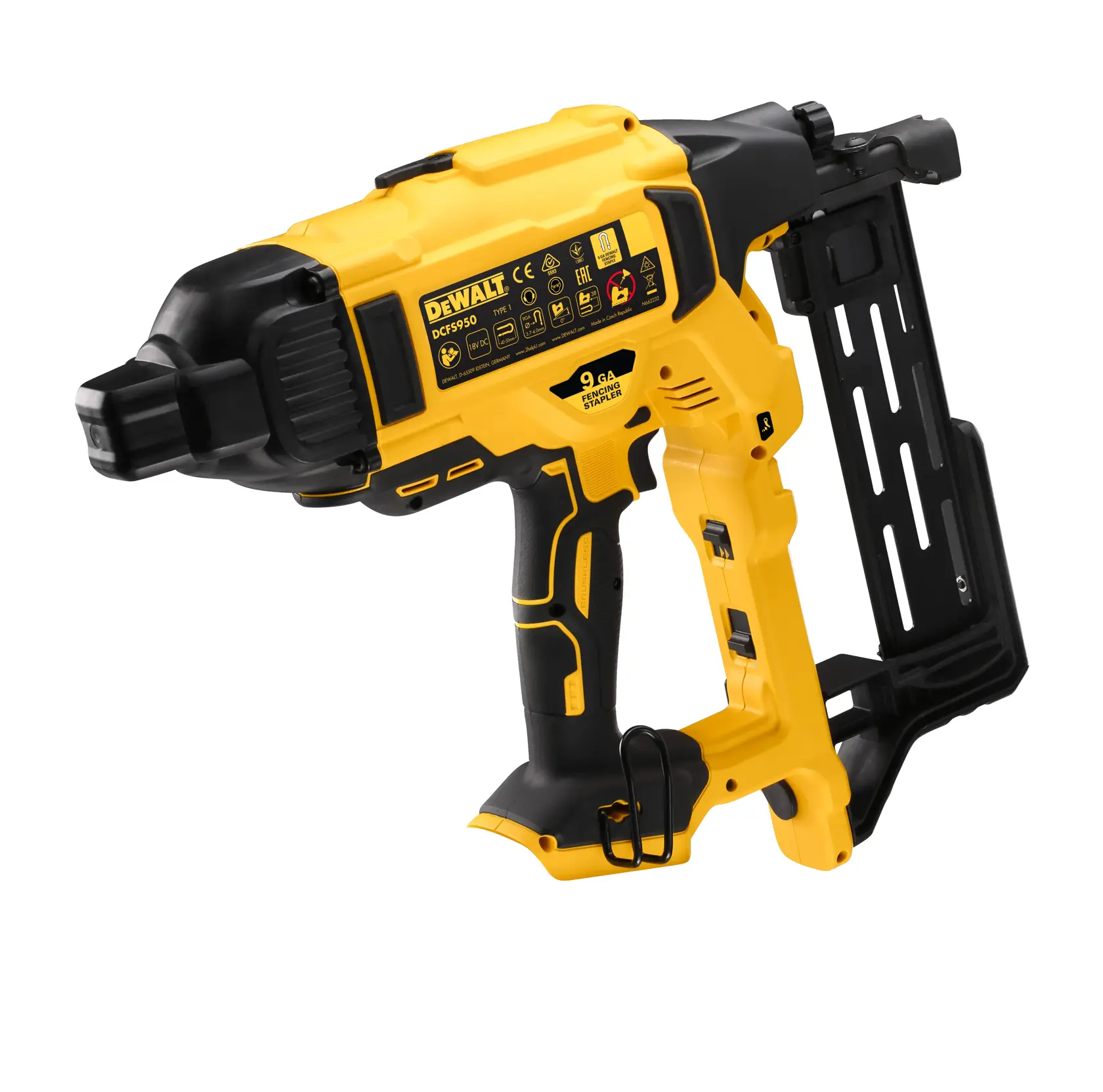 Yellow and black DEWALT DCFS950N nail gun, side view, used for fastening tasks in construction.
