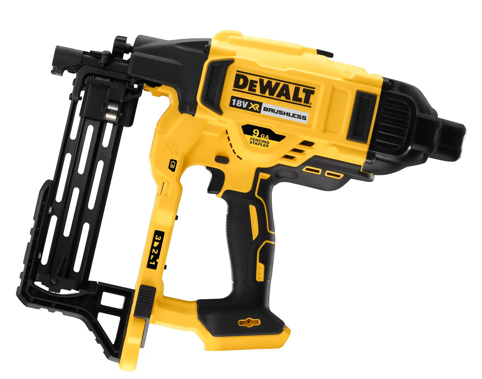 DEWALT 18V XR Brushless framing stapler with yellow and black body and ergonomic handle.