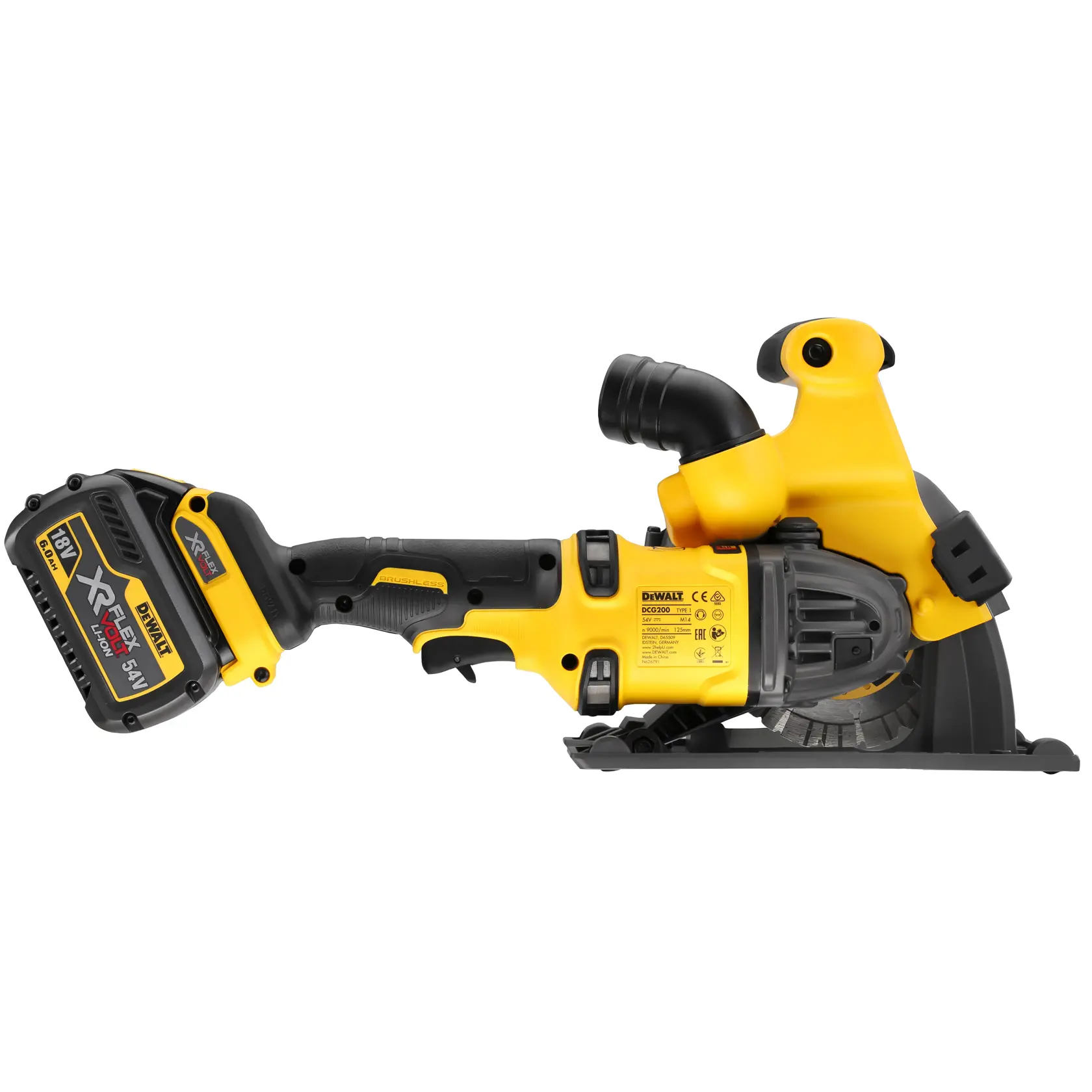 DEWALT DCG200T2 cordless wall chaser with battery, black and yellow, shown from side view.