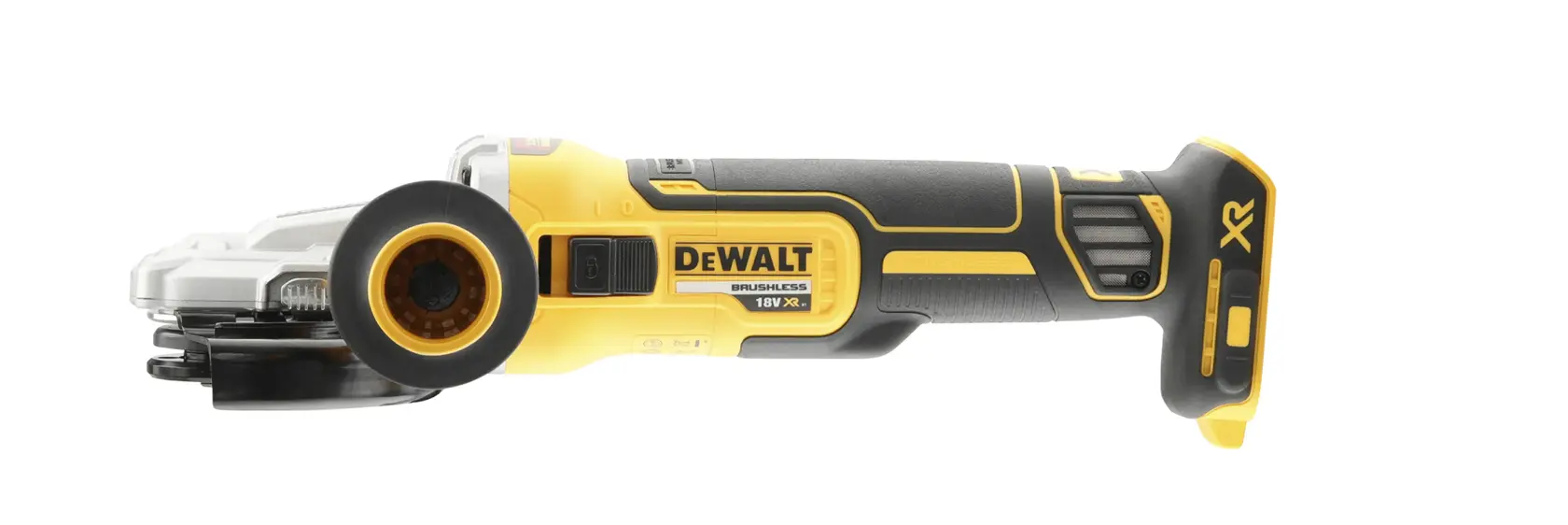 DEWALT cordless angle grinder DCG405FN with yellow and black design, shown from the side on a white background.