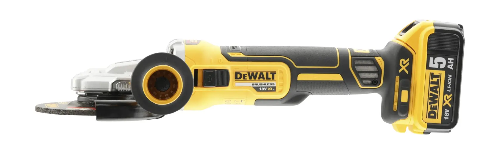 DEWALT cordless angle grinder with 18V battery, yellow and black design, side profile view.