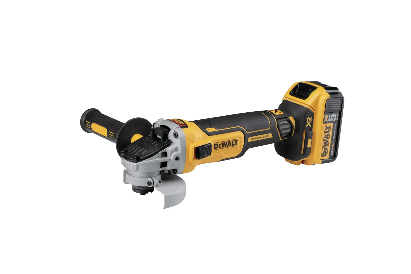 DEWALT cordless angle grinder, yellow and black, with side handle and protective guard.