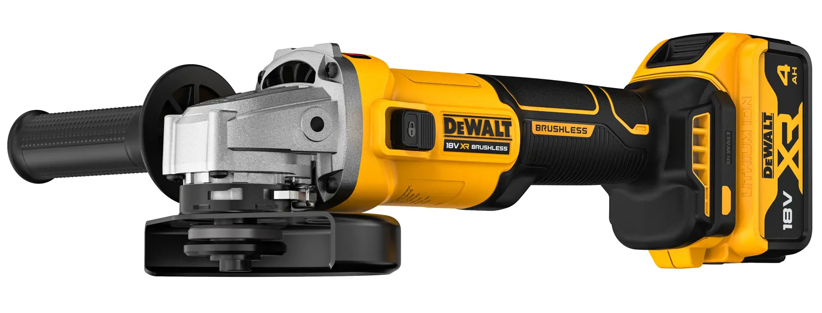 DEWALT cordless grinder with DCG407M2T, DCG407M2T-QW. Yellow/black, side handle, 18V battery.