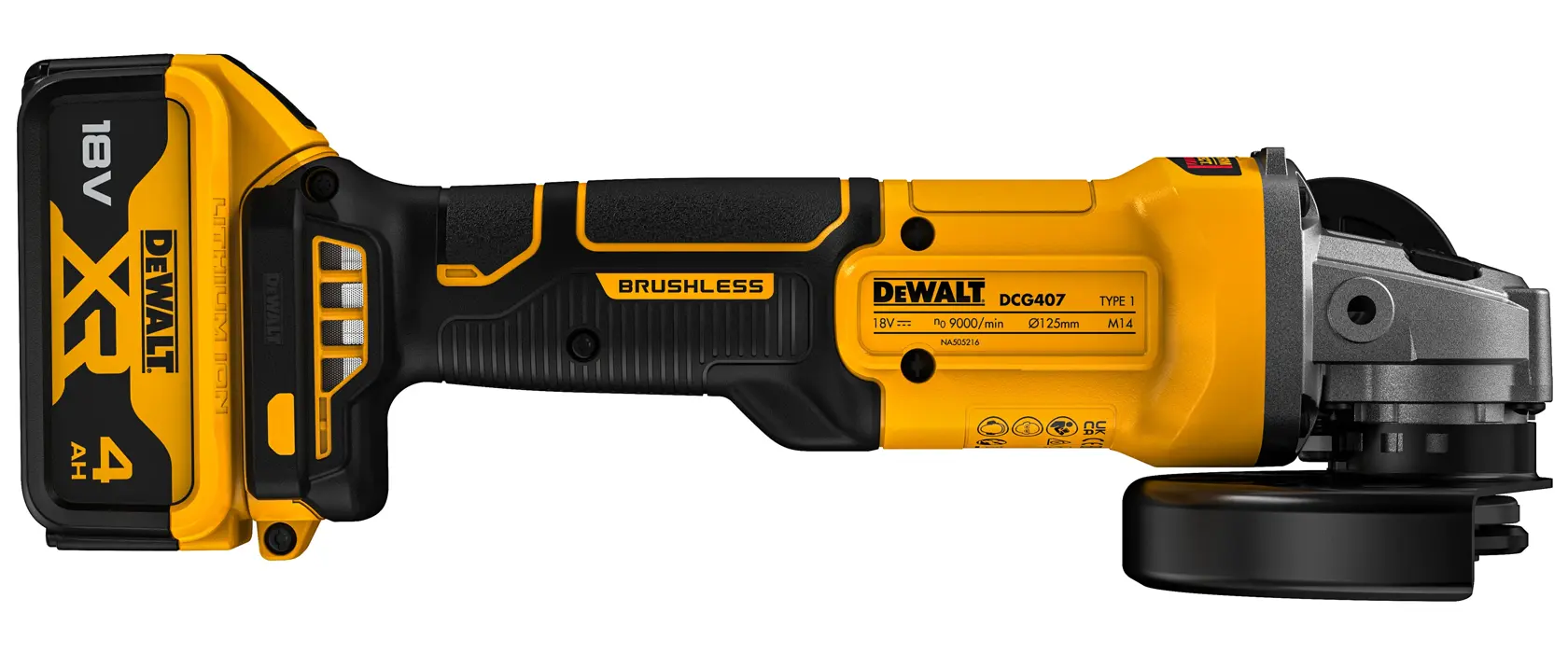 DEWALT cordless grinder DCG407M2T, DCG407M2T-QW, shown with 18V XR battery. Product category: Photography.