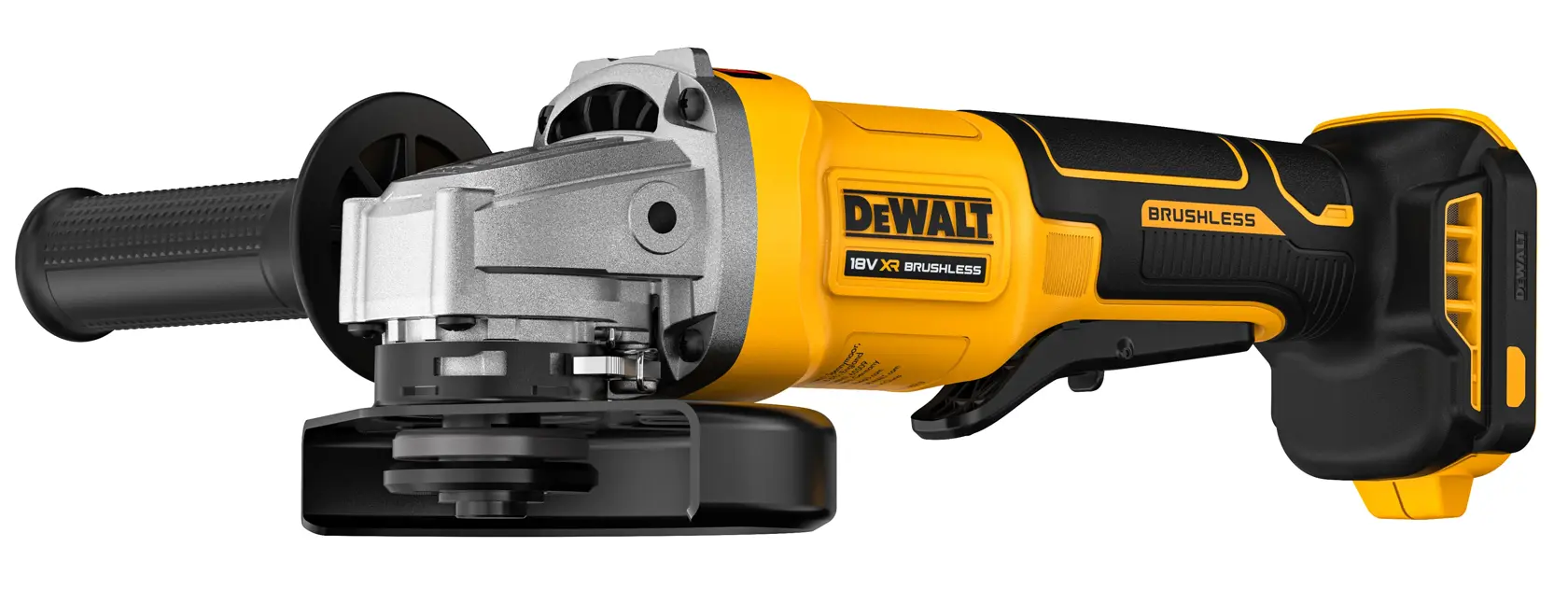 DEWALT cordless angle grinder with yellow and black design. Side handle and brushless motor visible.