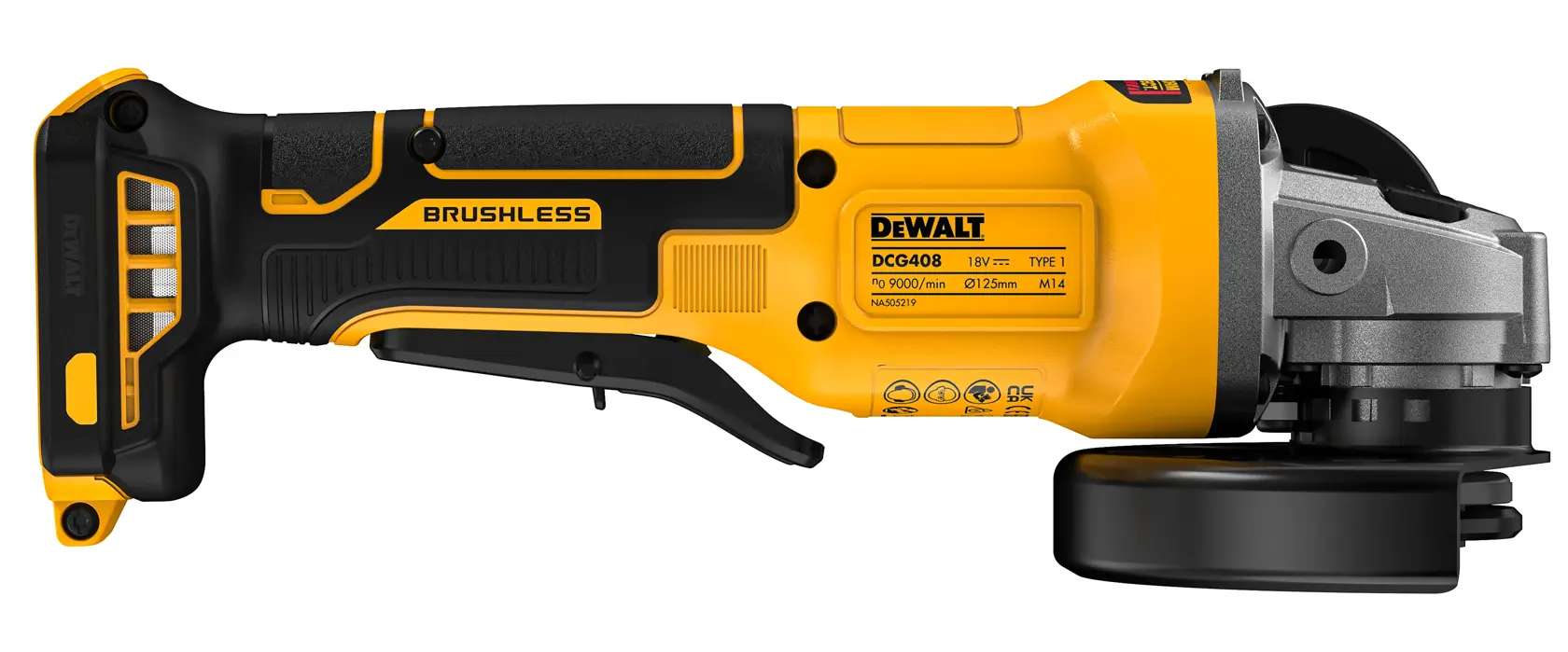 DEWALT DCG408N cordless brushless angle grinder, yellow and black, side view, with protective guard.