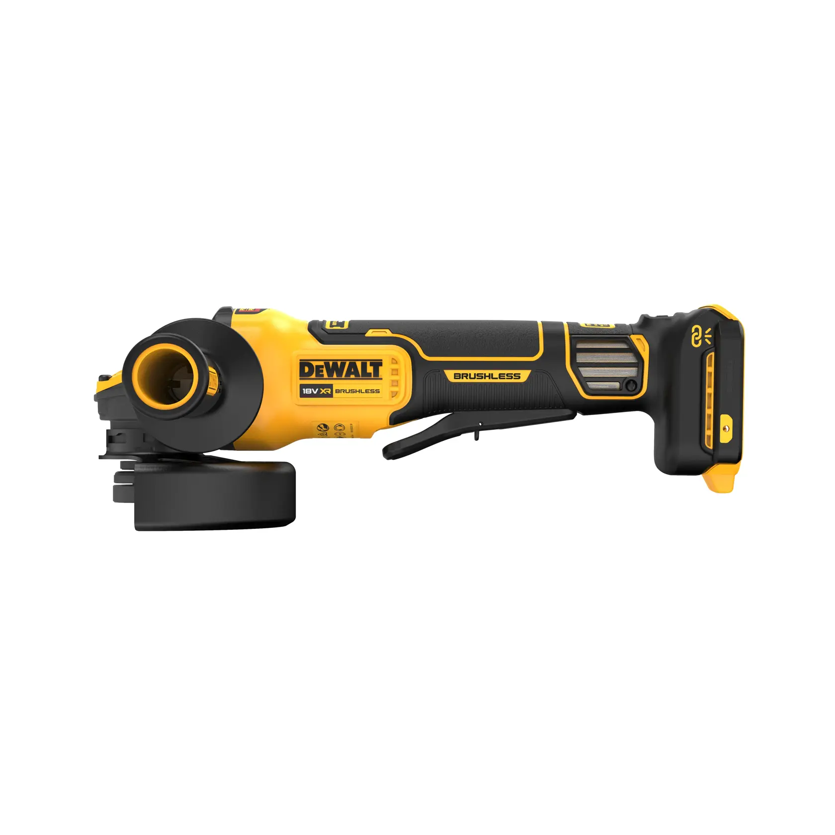 DEWALT cordless angle grinder with brushless motor, yellow and black, side profile view on white background.