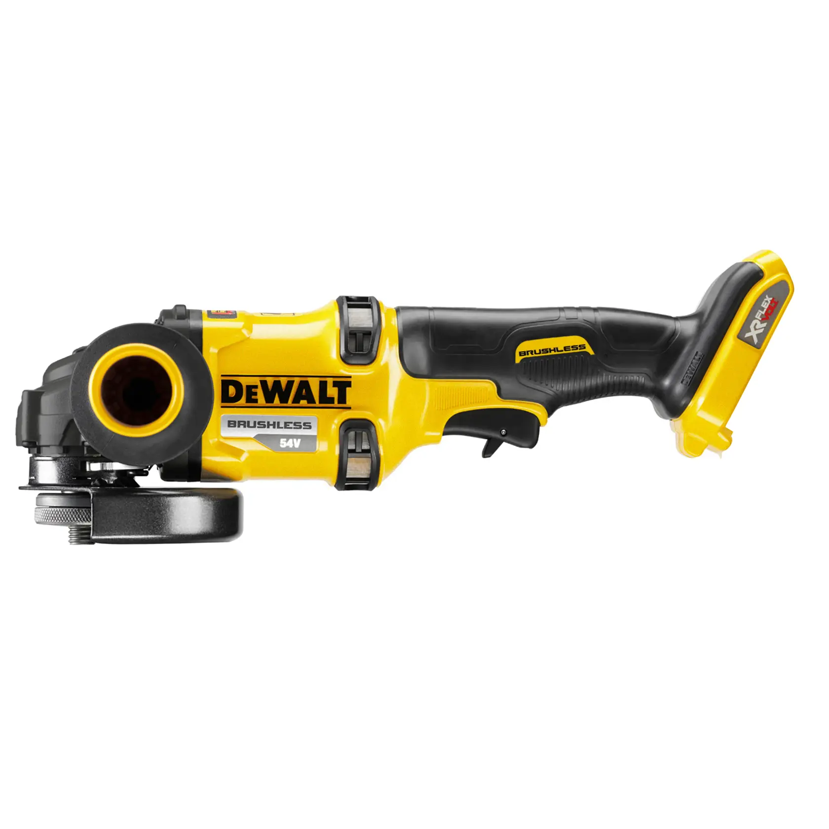 DEWALT 54V cordless brushless angle grinder with ergonomic handle and XR FlexVolt battery slot.