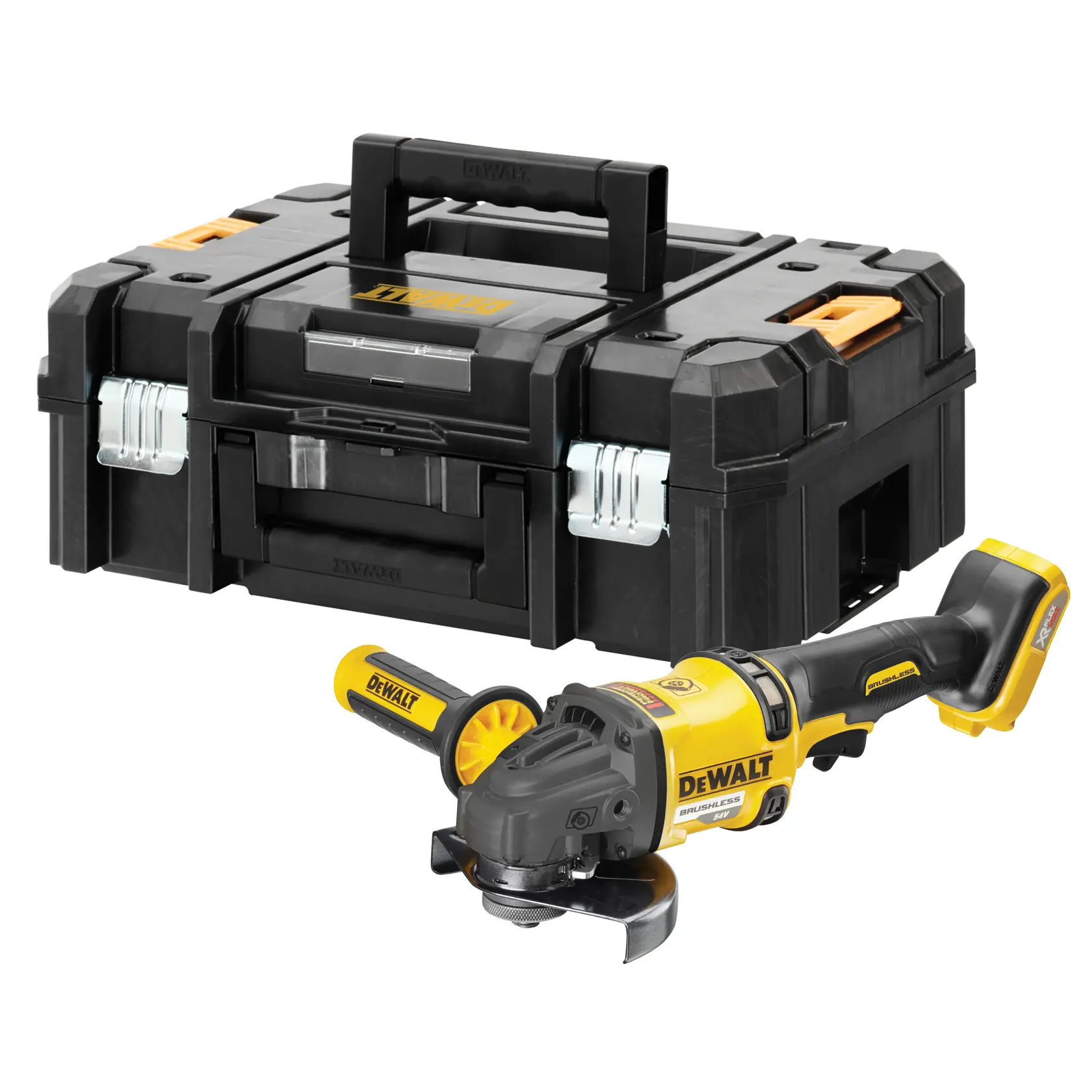 DEWALT cordless angle grinder with hard plastic toolbox. Both are black and yellow, shown upright.
