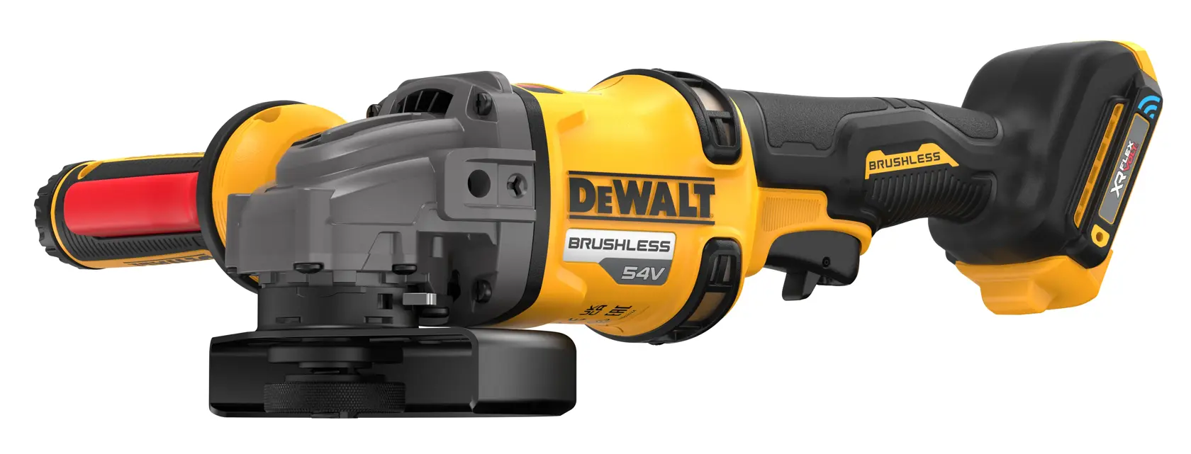 DEWALT 54V cordless brushless angle grinder with a black and yellow body and side handle.