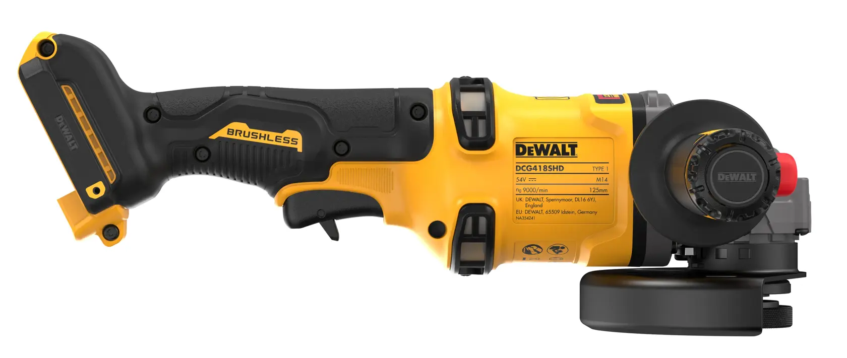 DEWALT cordless angle grinder DCG418SHDN in yellow and black, shown from the side against a white background.