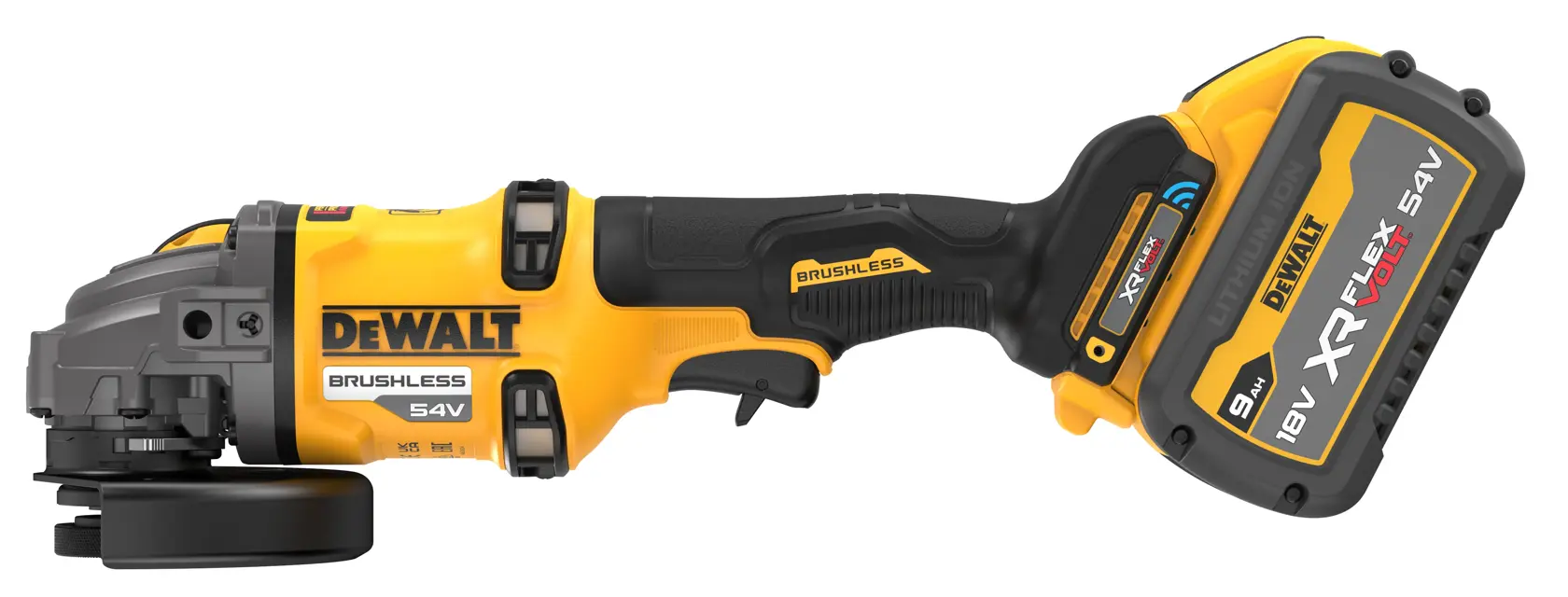 DEWALT cordless angle grinder with brushless motor and 54V XR FLEXVOLT battery.