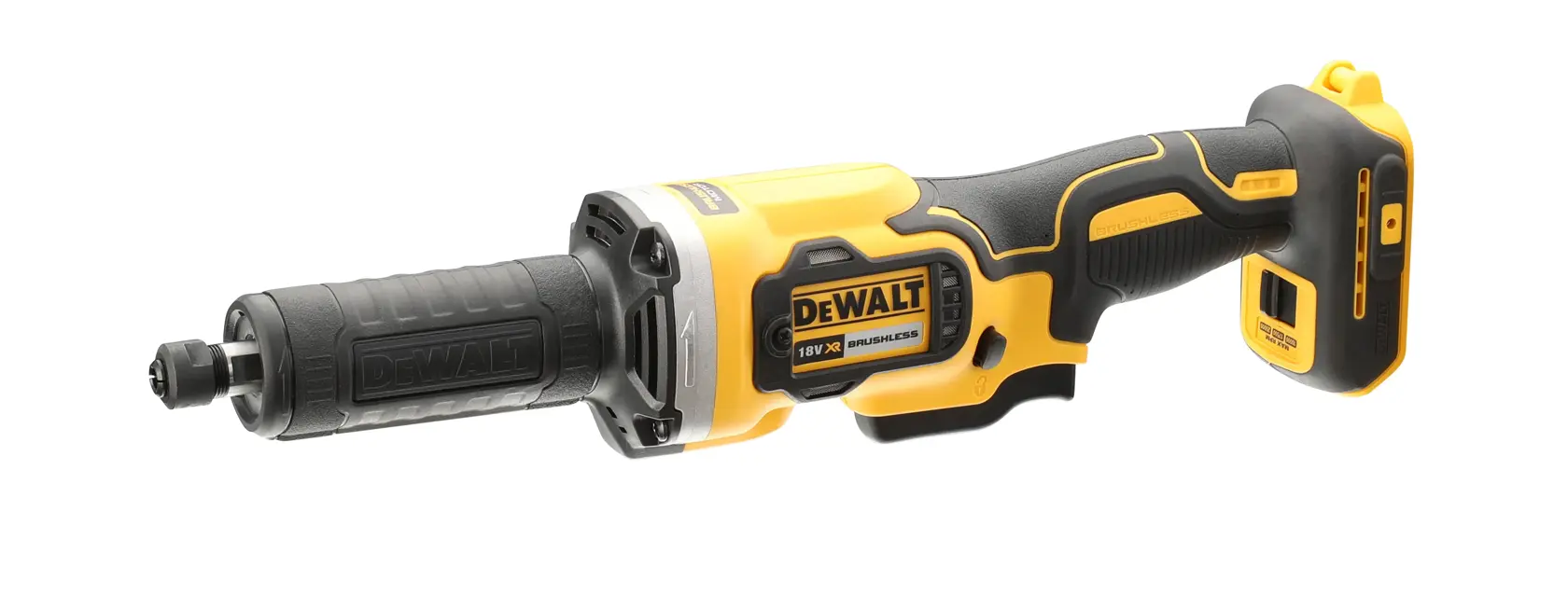 En DEWALT DCG426N batteridrevet rett slipemaskin i gul og svart, vist uten batteri, med ergonomisk håndtak og børsteløs motor.