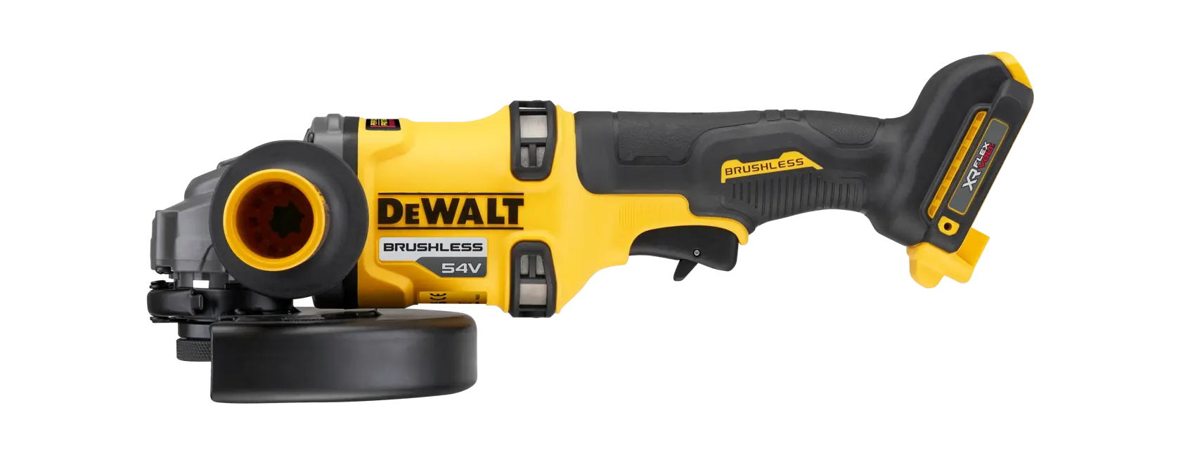 DEWALT cordless brushless angle grinder, yellow and black, 54V power tool shown side view.