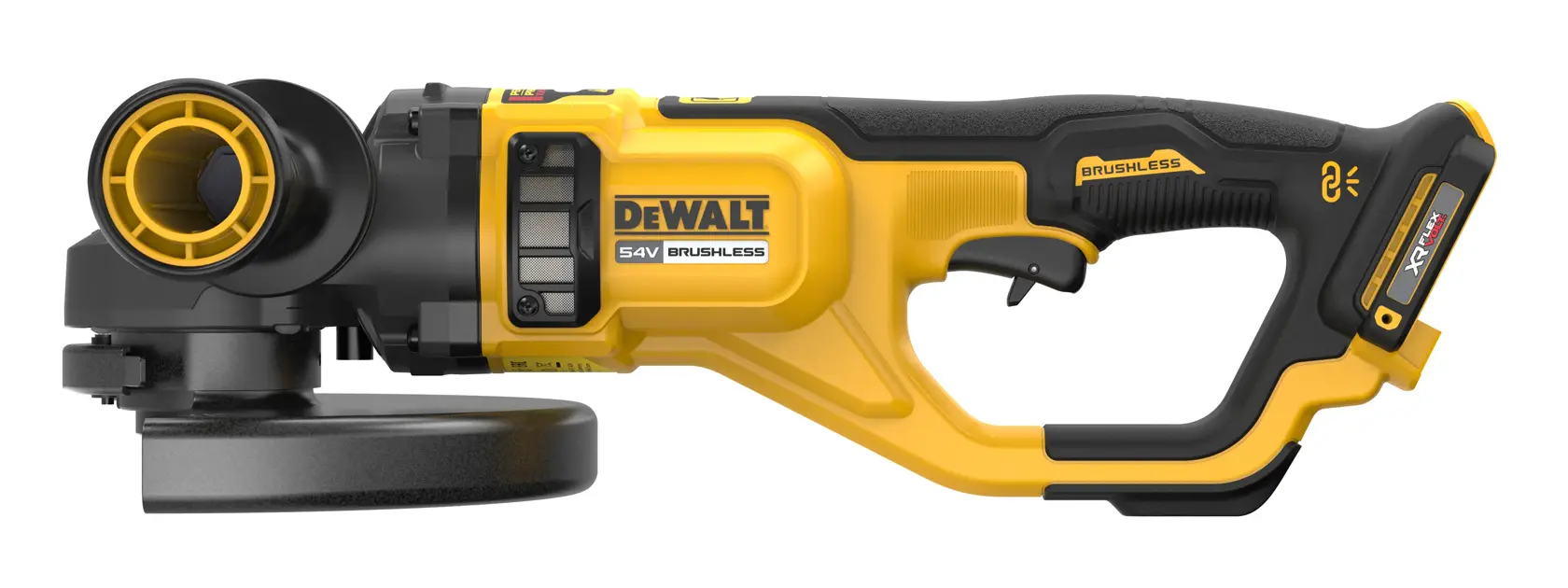 DEWALT DCG460NK 54V cordless brushless angle grinder with black and yellow body, side view.
